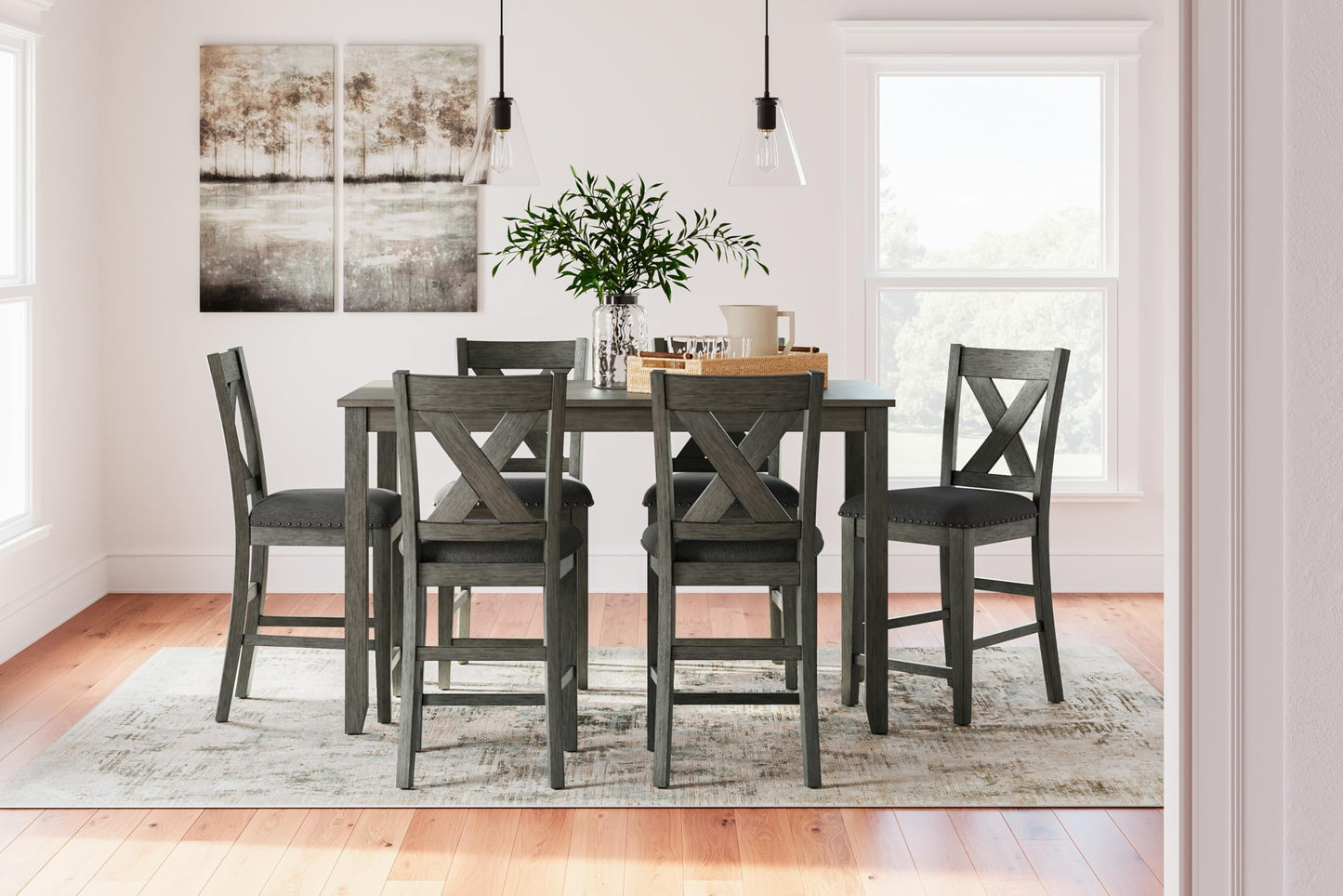Signature Design by Ashley Caitbrook Casual Counter Height Dining Table and Upholstered Bar Stools with Nailhead Trim, Set of 7, Gray