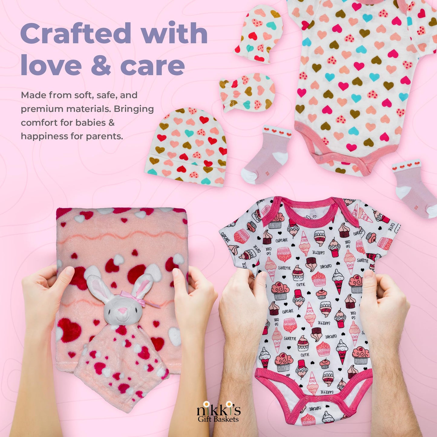 Bassinet New Baby Girl Gift Set | Unique Newborn Gift Basket Hamper for Gender Reveal | Baby Essentials for Expecting Moms & Parents | 17-Piece Baby Layette Set | Pink - Nikki's Gift Baskets