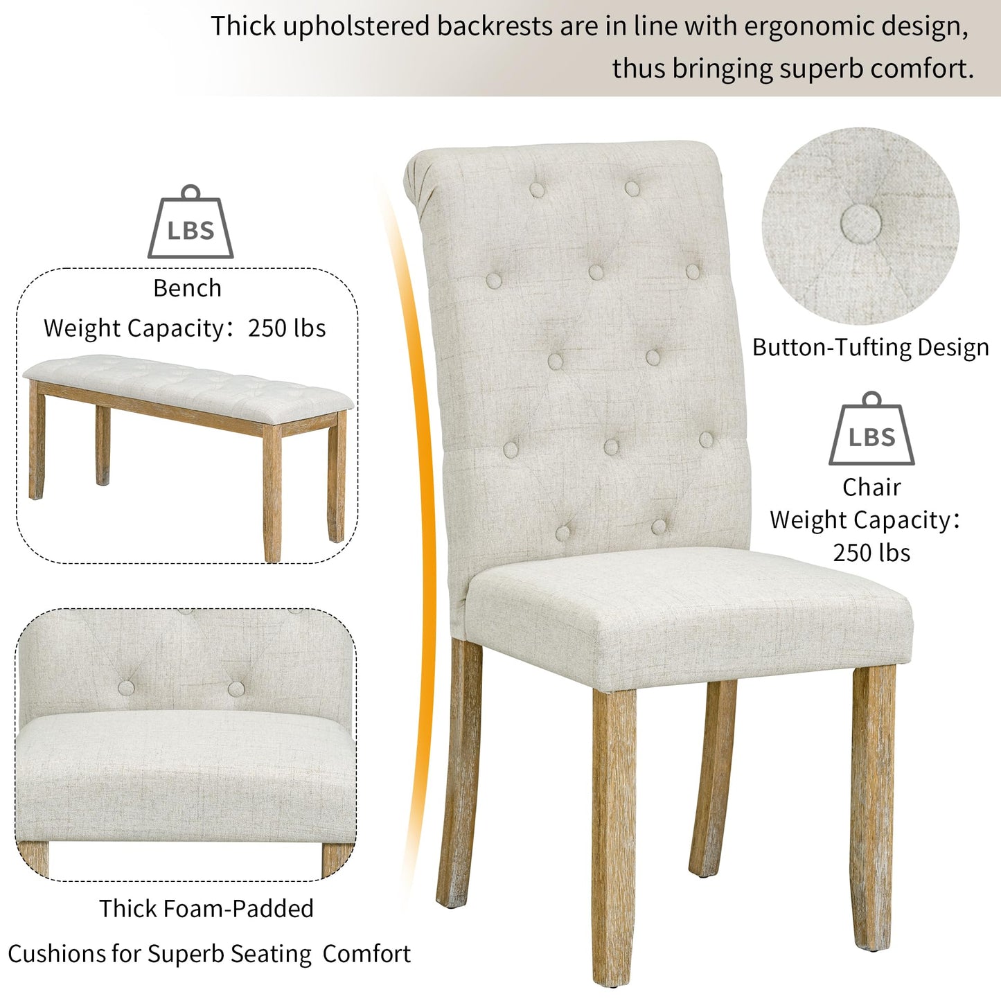 Merax Solid Wood Kitchen Dining Room Table Set with Bench and Chairs for 6 Persons, Dining Table Set with with Rectangulars Table and Upholstered Seat, Natural Wood Wash