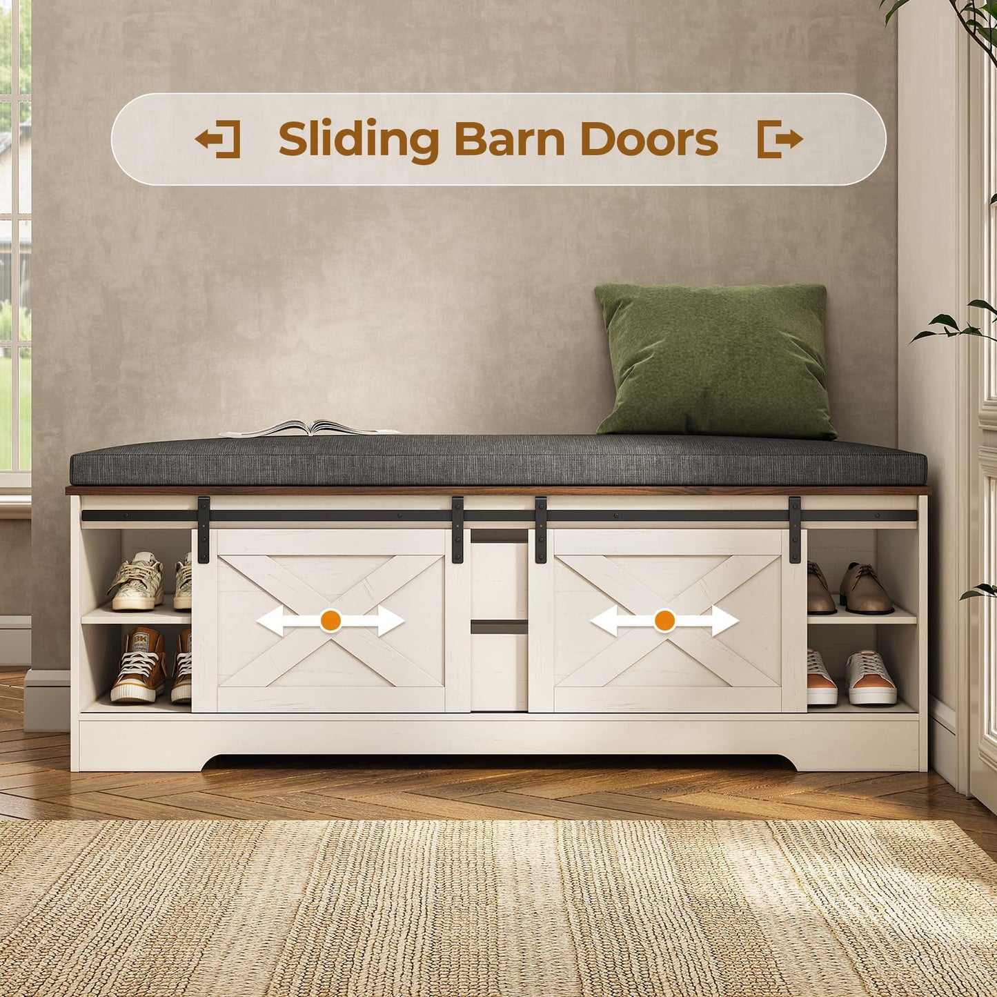 UPOSOJA 60“ Farmhouse Storage Bench with Cushion, Shoe Rack with Slide Barn Doors, Adjustable Shelf and 2 Drawer for Entry, Bedroom, Closet, Living Room, Hallway (White Brown, 60 in)