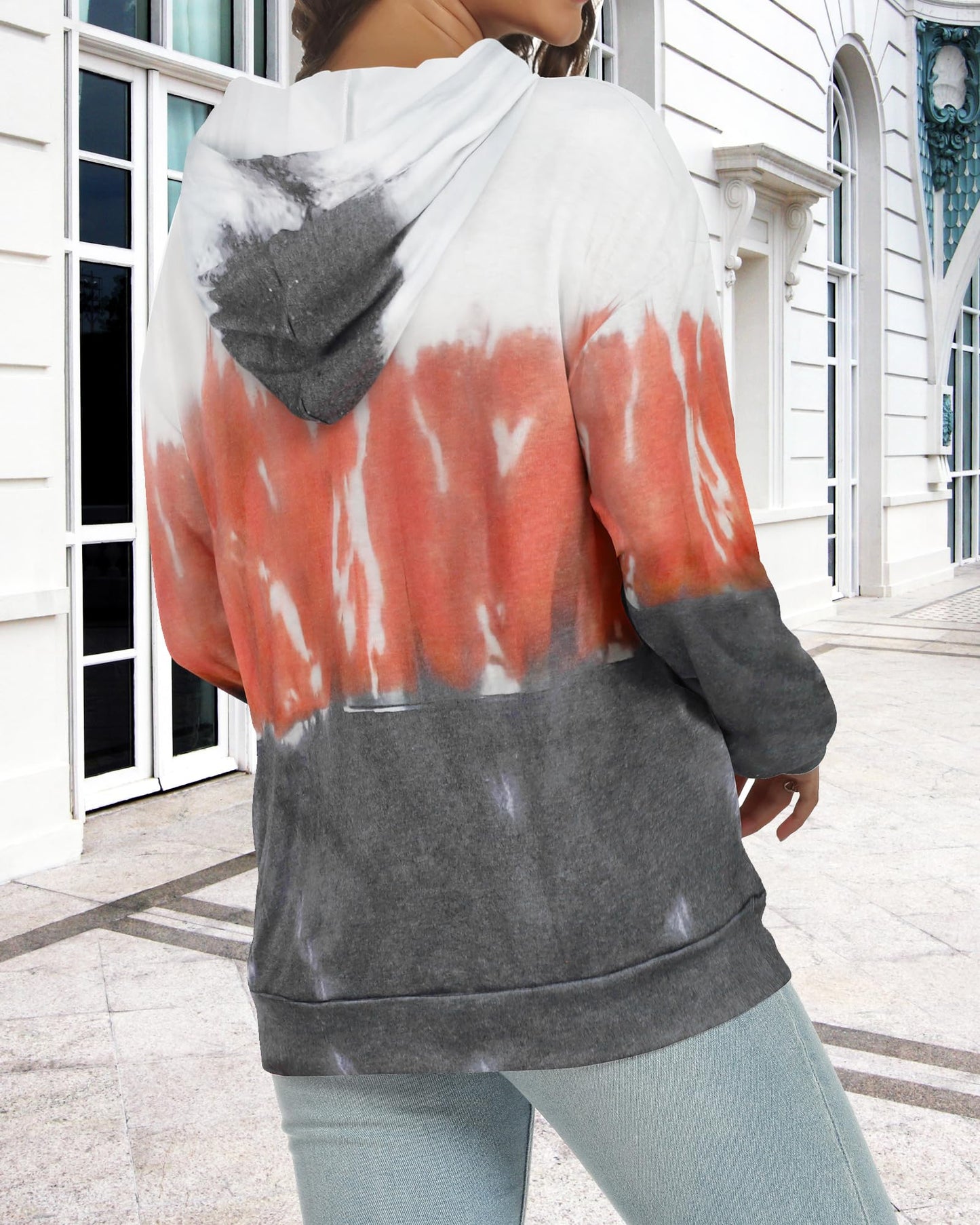 rosemia Hoodies for Women Sweatshirts Casual Long Sleeve Pullover Loose Lightweight Fall Clothes(Orange White Tie Dye,XL)