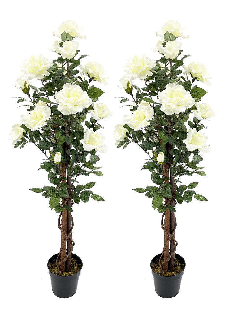 AMERIQUE Pair 4 Feet Gorgeous & Lifelike Artificial Blooming Rose Trees 18 White Rose Flowers, with Nursery Pot, Real Touch Tech.