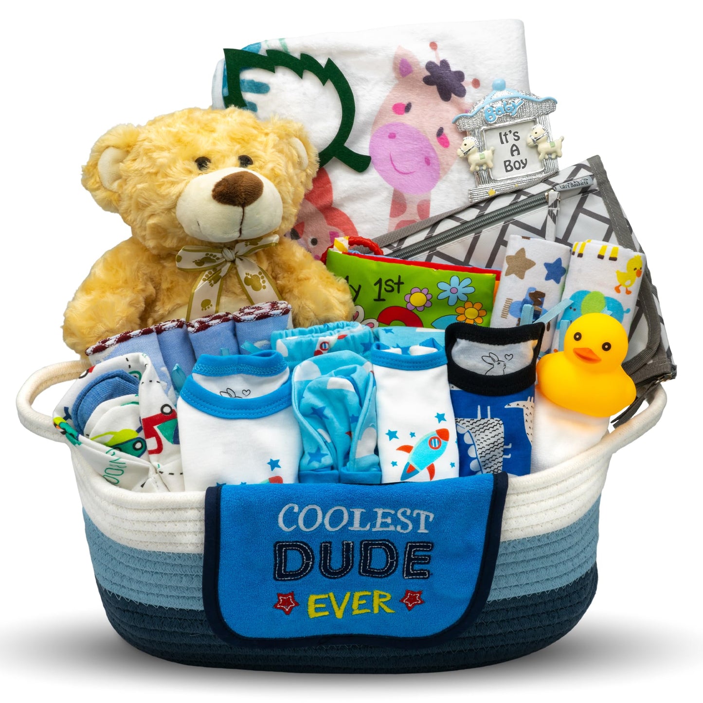 Bundle of Joy Deluxe New Baby Boy Gift Set | Baby Essentials for Expecting Moms & Parents | 25-Piece Newborn Gift Basket Hamper Layette Set for Gender Reveal | Blue - Nikki's Gift Baskets