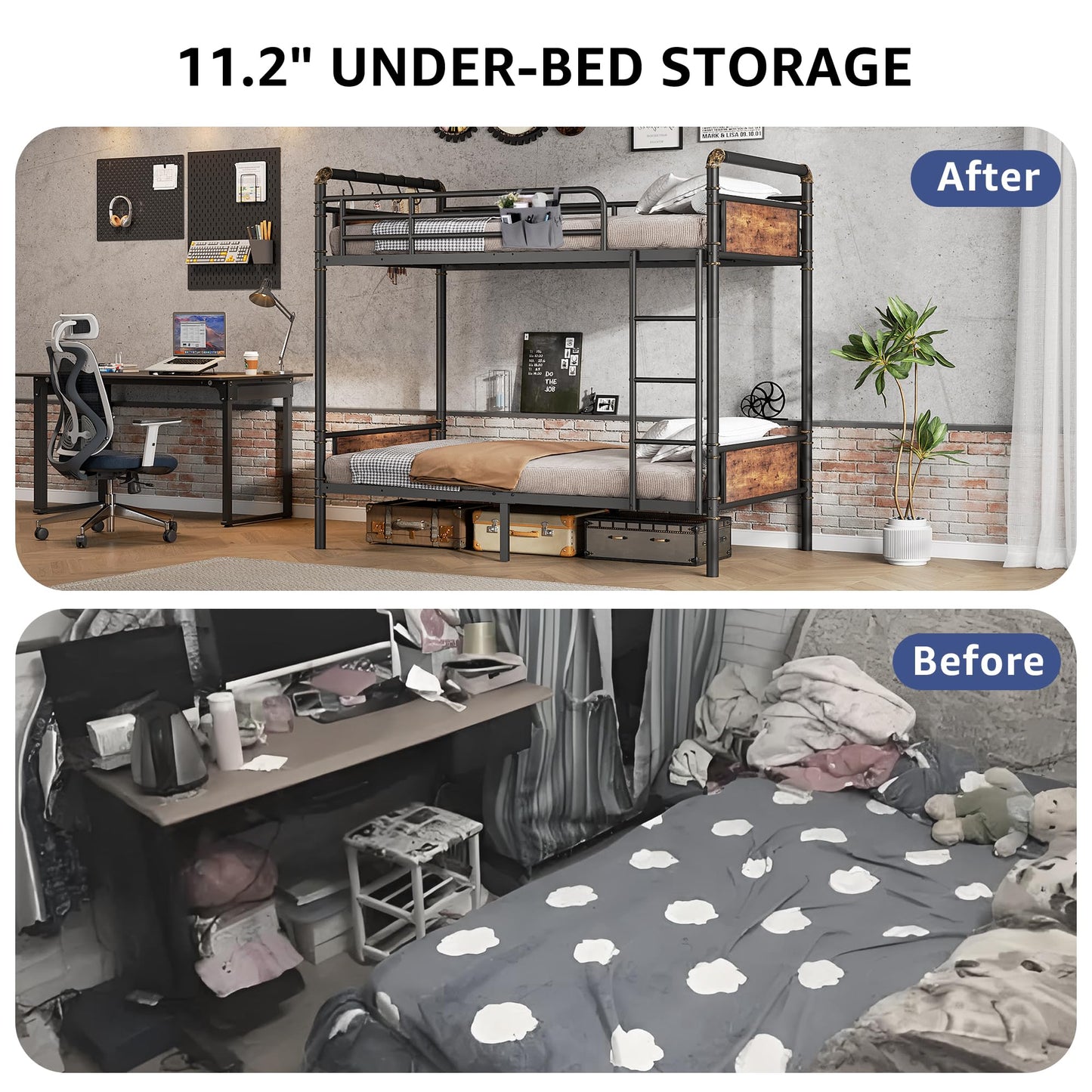 Jocoevol Metal Bunk Bed Twin Over Twin, Industrial Bunkbeds Heavy Duty Bed with Safety Guard Rails and Space-Saving Design, Steel Bed for School, Bedroom (Vintage Brown)