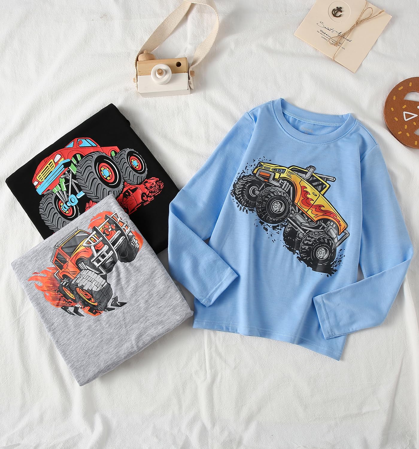 Demifill Toddler Boys 3 Pack Long Sleeve Truck T-Shirts Kid Boys Crew Neck T-Shirt Size 8Years
