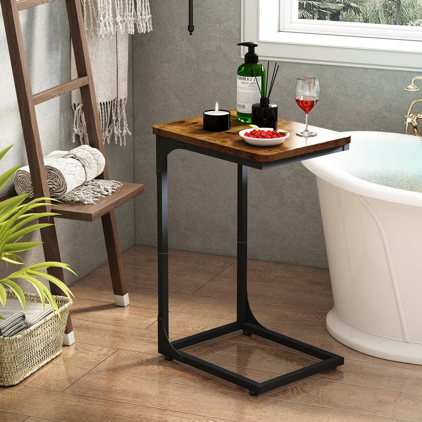 QEEIG C Table Side Table Set of 2 Living Room Sets C Shaped Couch Tray End Tables Farmhouse, Rustic Brown (017-30BN)