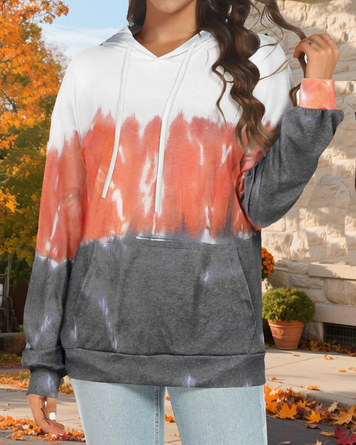 rosemia Hoodies for Women Sweatshirts Casual Long Sleeve Pullover Loose Lightweight Fall Clothes(Orange White Tie Dye,XL)