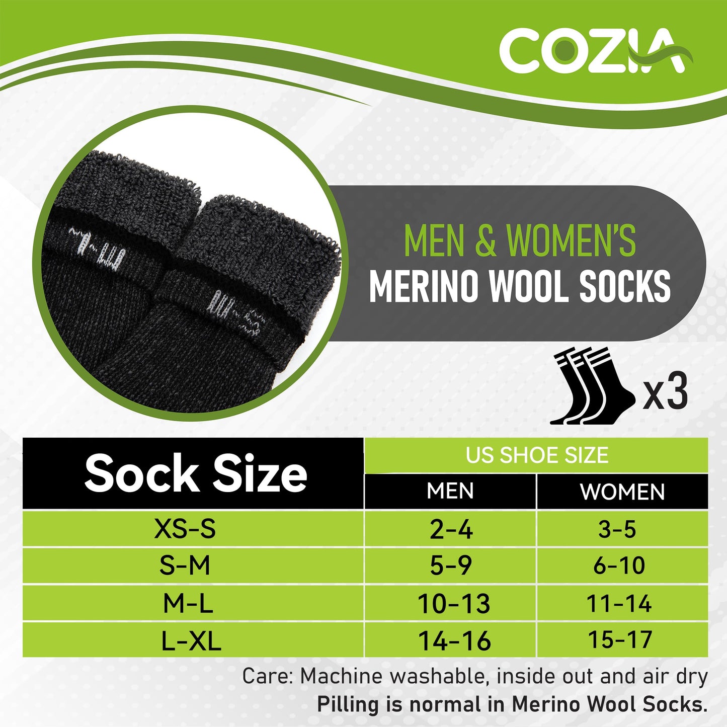 COZIA Merino Wool Socks Casual Warm Socks for Winter Cozy Boot Socks for Men & Women Black ML