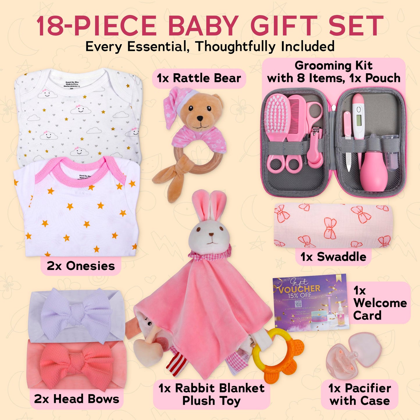 Sky Bliss 18pc Gift Set, Baby Grooming kit, Baby Clothes, Baby Rattle, Baby Blanket, Swaddle, Pacifier, Gifts for New Baby Girl, Newborn Essentials, Baby Gift Set (Grooming Kit), Gift for New mom.