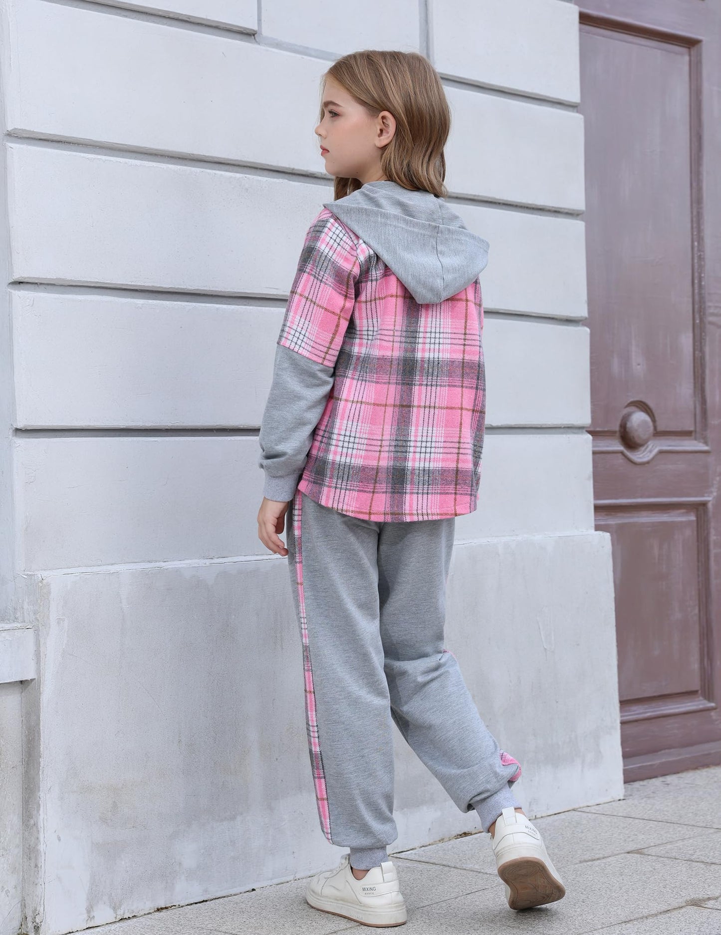 EDFTM Girls Sweatsuit Set Zip Up Cute Plaid Flannel Hoodie and Jogger Pants for Kids Fall Winter Spring Outfits Gray 5-6 Years