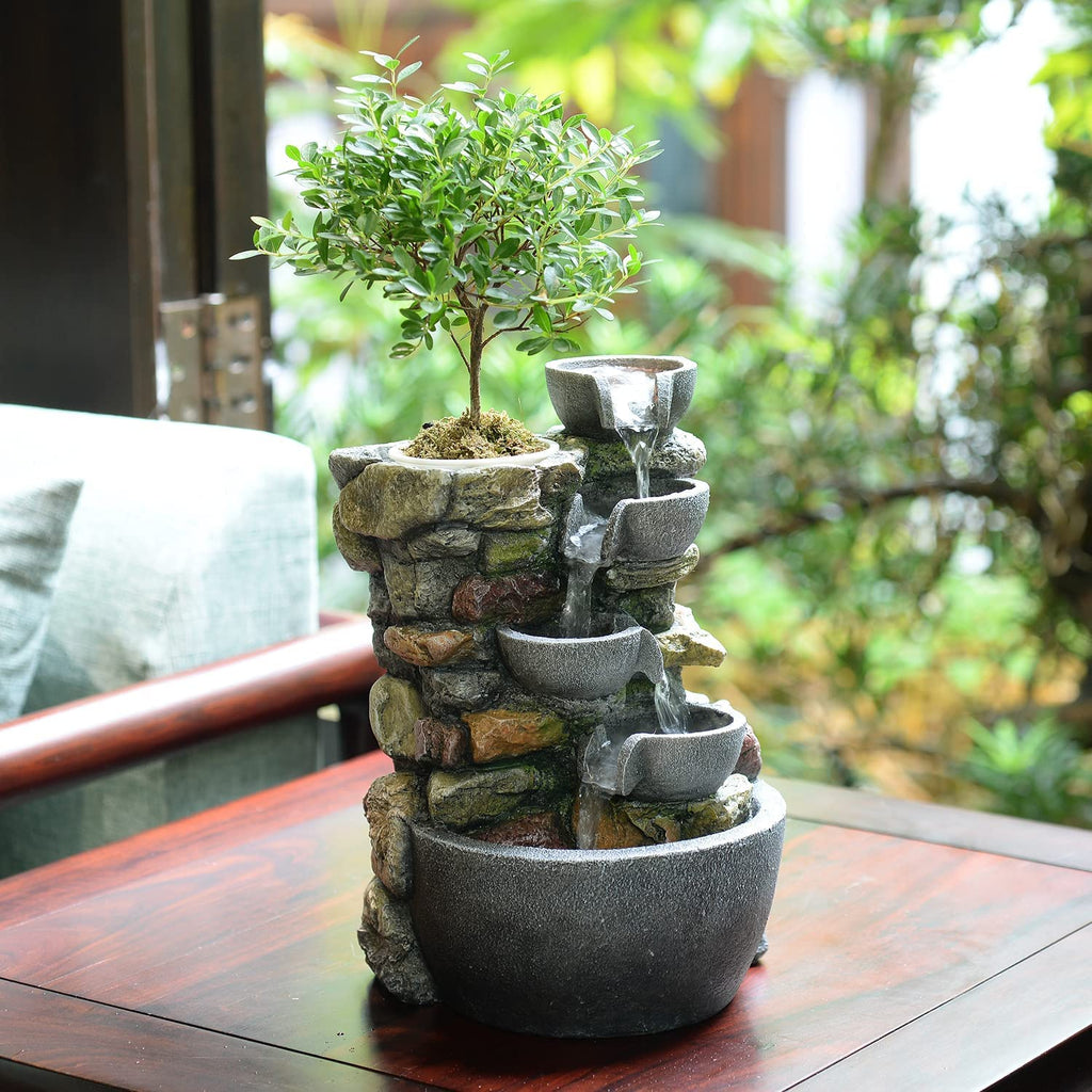 Haobos Indoor Fountain 4-Bowl Rockery Soothing Sound Tabletop Fountains Home/Office Decor Gift for Mom with A Small Plastic Pot to Grow Plant/Hebs by Yourself (Automatic Watering for Tanks/Aquarium)