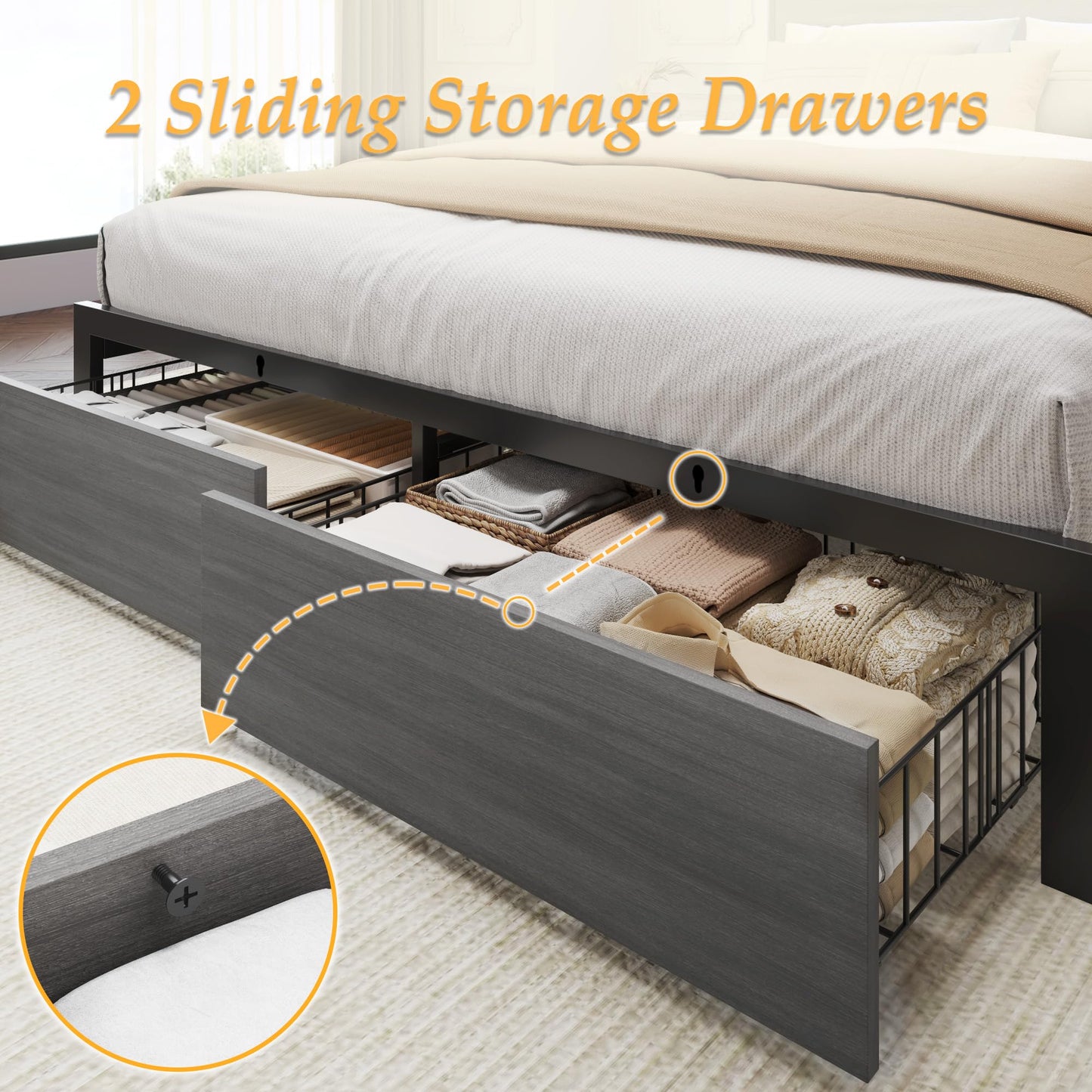 Lifezone Queen Bed Frame with 2-Tier Storage Headboard, Metal Bed Frame with Storage Drawers & Built-in Charging Station & LED, Noise-Free, No Box Spring Needed, Easy Assembly, Rustic Grey