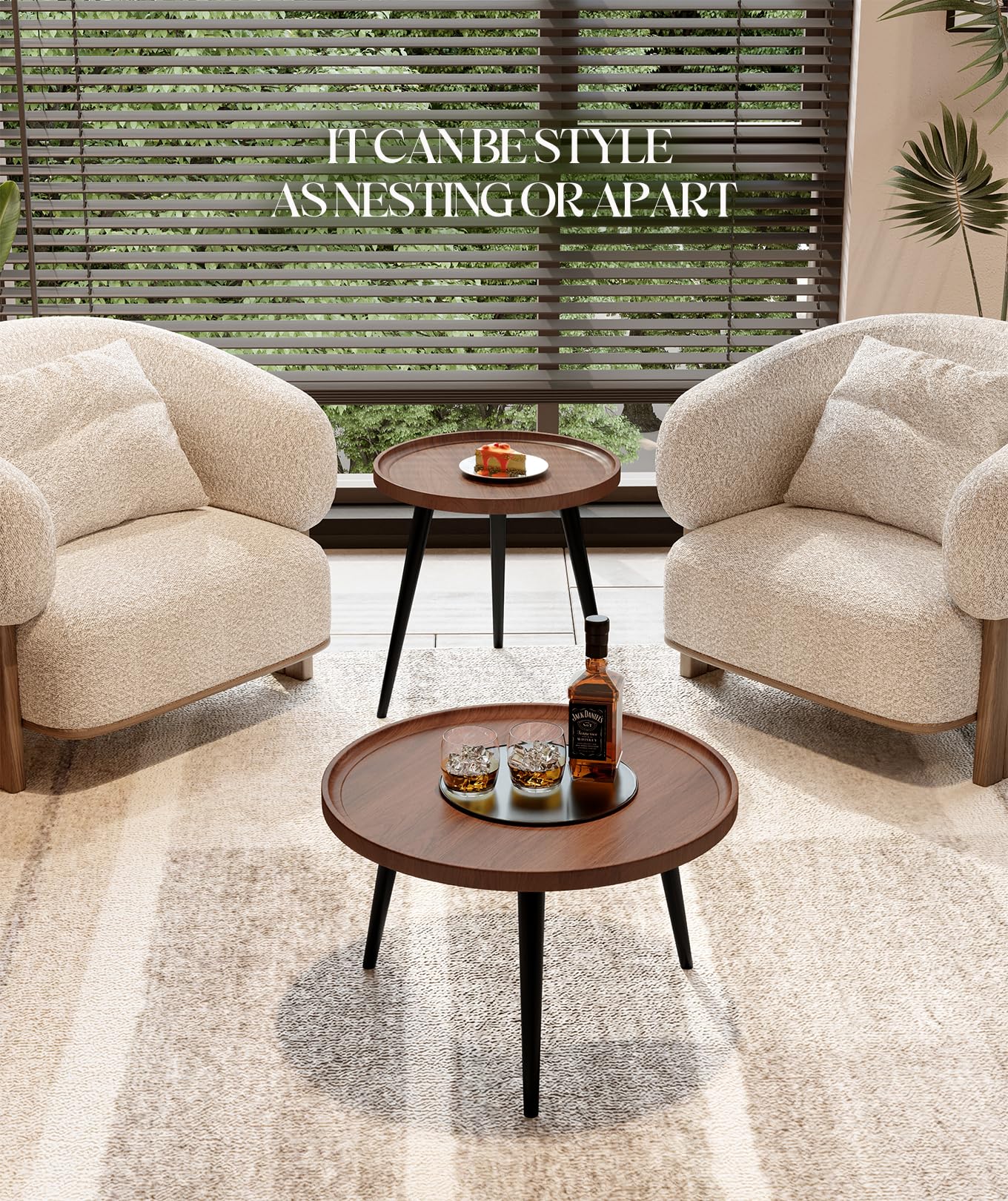 IKSII 2-Piece Set Modern Round Coffee Tables for Living Room,Easy Assembly Nesting Coffee Tables for Small Space,Brown Walnut Color Circle Side Tea Tables for Bedroom Office Balcony Yard
