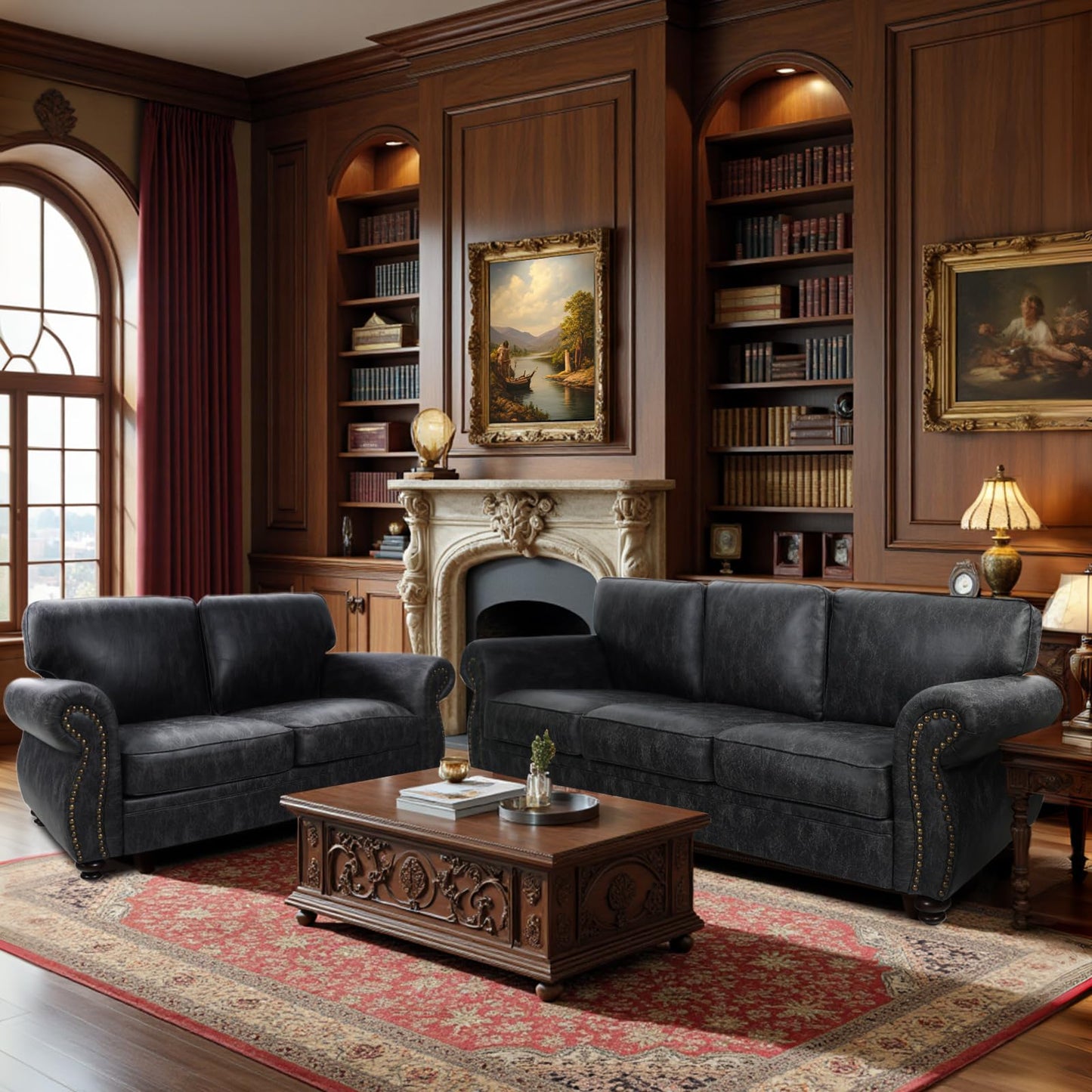 Couchus Living Room Furniture Sets,Sofa Sets and Couch Sets for Living Room,Mid-Century Vintage Sofa Couches with Rivet Design (Grey, Loveseat+3 Seater)