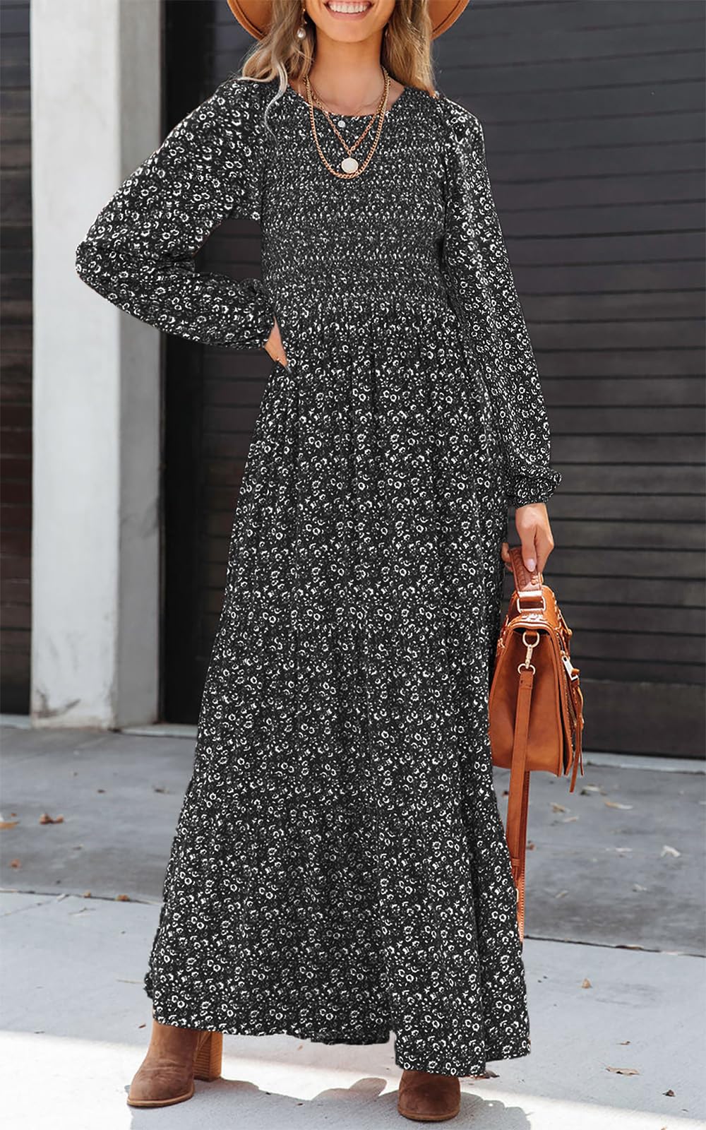 PRETTYGARDEN Women's Fall Dresses 2025 Long Sleeve Flowy Casual Floral Maxi Dress Crew Neck Smocked Tiered Long Dress (Black, Large)