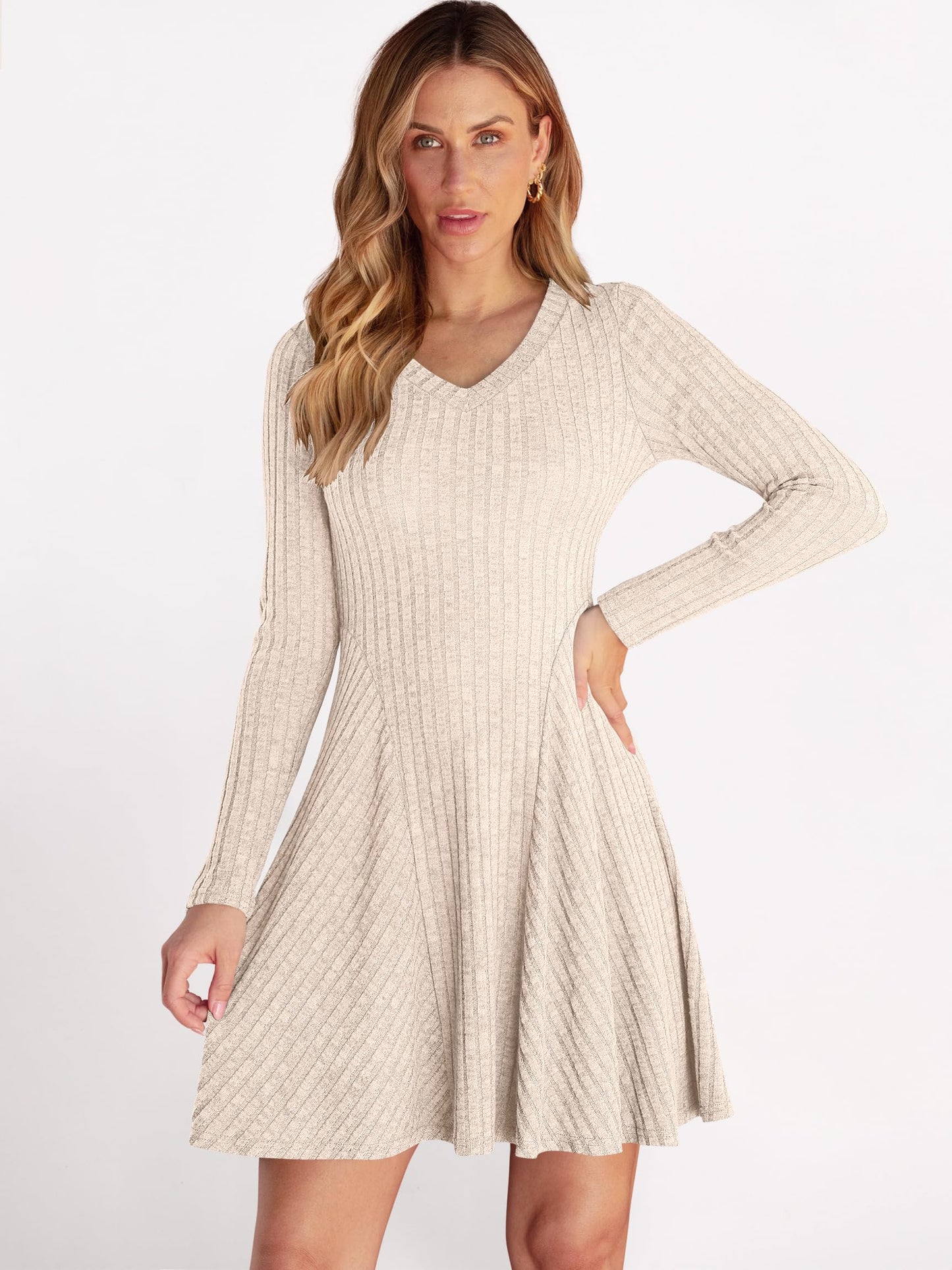 ANRABESS Women Long Sleeve Ribbed Knit Short Dresses 2025 Fall Winter V Neck Casual Swing A Line Sweater Dress Beige Large