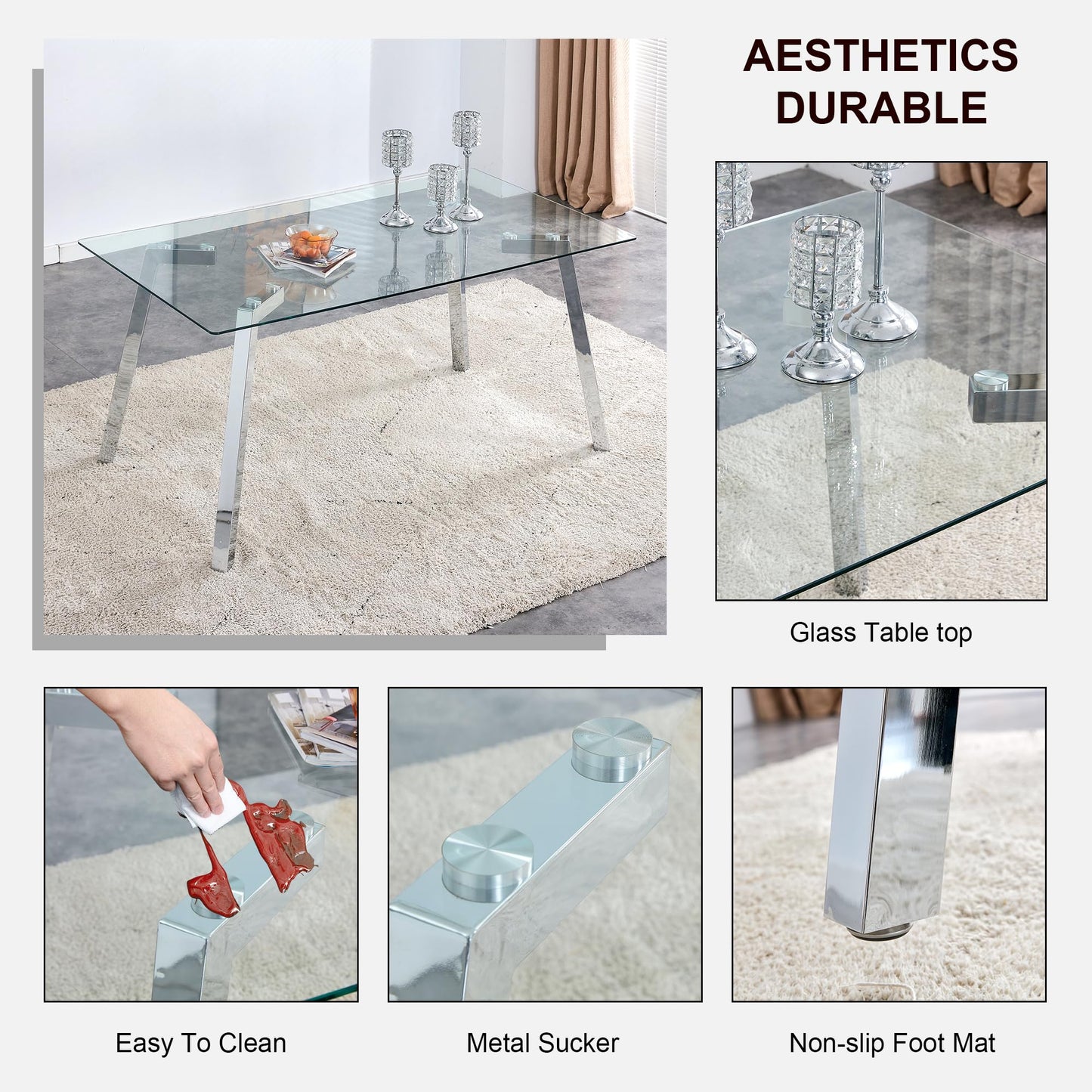 MEMUY 63" Glass Dining Table Set of 6,Ample Tempered Glass Top with Silver Metal Legs,Kitchen Room Table with 6 White Faux Leather Dining Chairs,Dinner Table for Dining Room Office