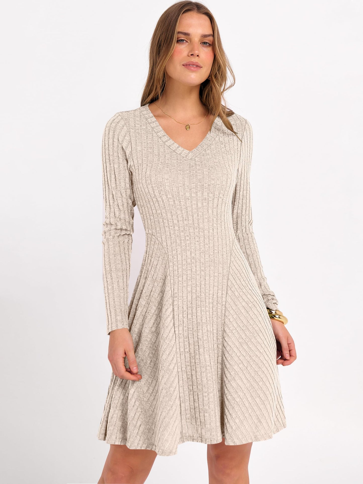ANRABESS Women Long Sleeve Ribbed Knit Short Dresses 2025 Fall Winter V Neck Casual Swing A Line Sweater Dress Beige Large
