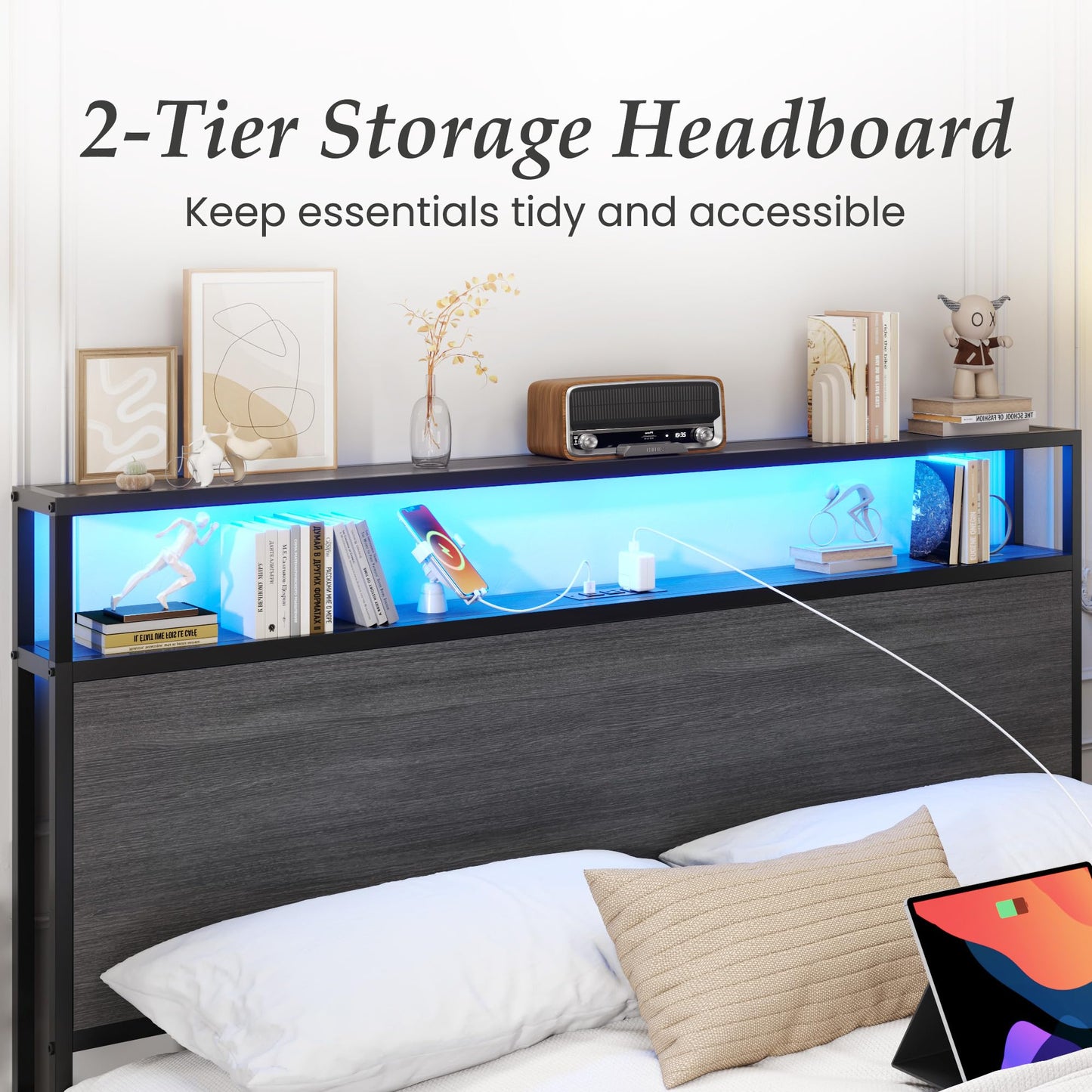 Lifezone Queen Bed Frame with 2-Tier Storage Headboard, Metal Bed Frame with Storage Drawers & Built-in Charging Station & LED, Noise-Free, No Box Spring Needed, Easy Assembly, Rustic Grey