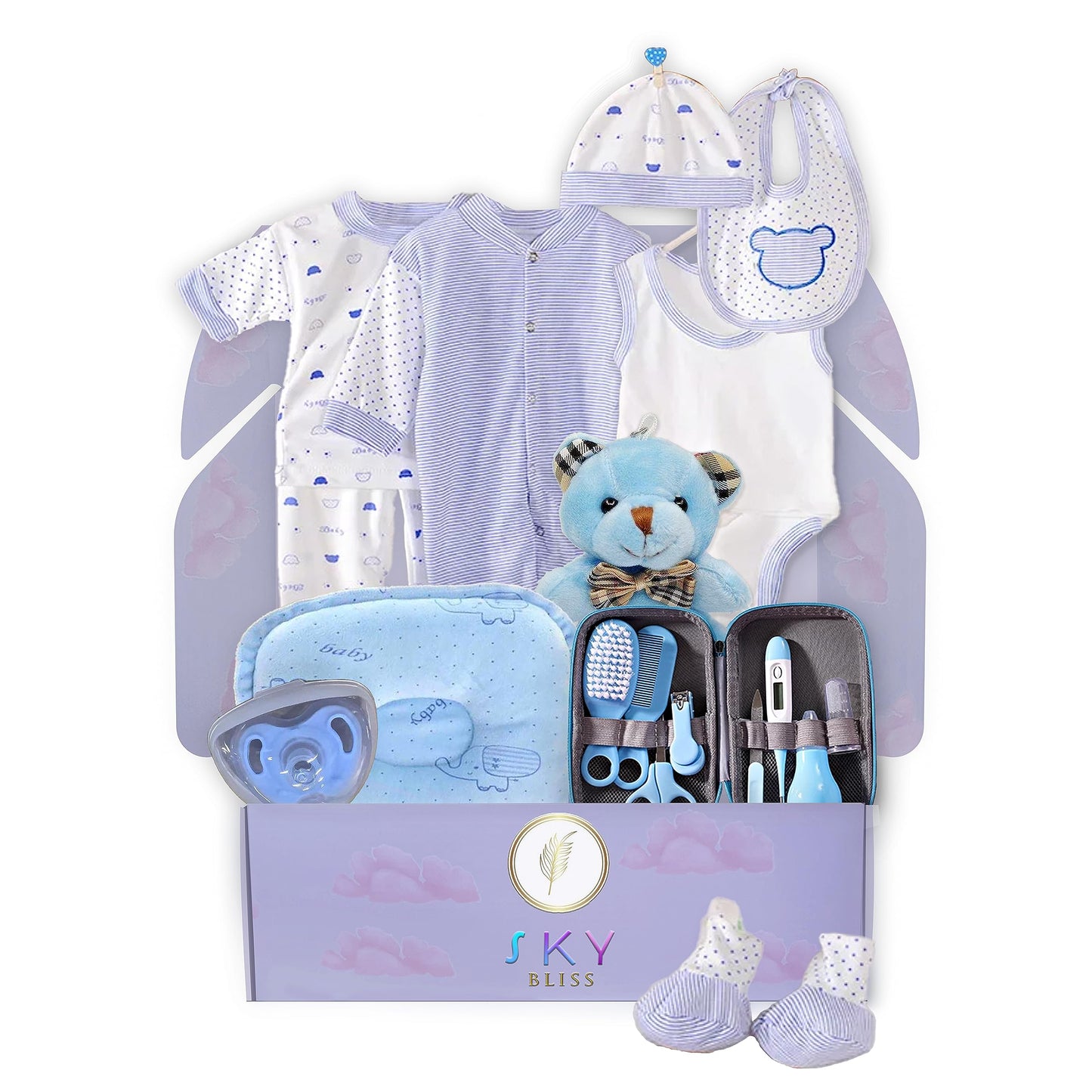 Sky Bliss 20 Piece Baby Gift Set (Blue), Newborn Baby Gift Set, Baby Clothes, Teddy Bear, Pacifier, Baby Grooming kit, Gifts for a New Baby Boy, Baby Boy Newborn Essentials