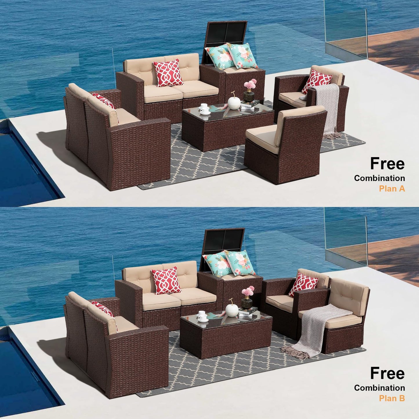 Super Patio 8 Pieces Patio Furniture Sets, All Weather Outdoor Sectional Patio Sofa, U-Shaped PE Wicker Patio Conversation Sets w/Storage Box, Coffee Table, 3 Pillows, for Garden, Porch, Brown
