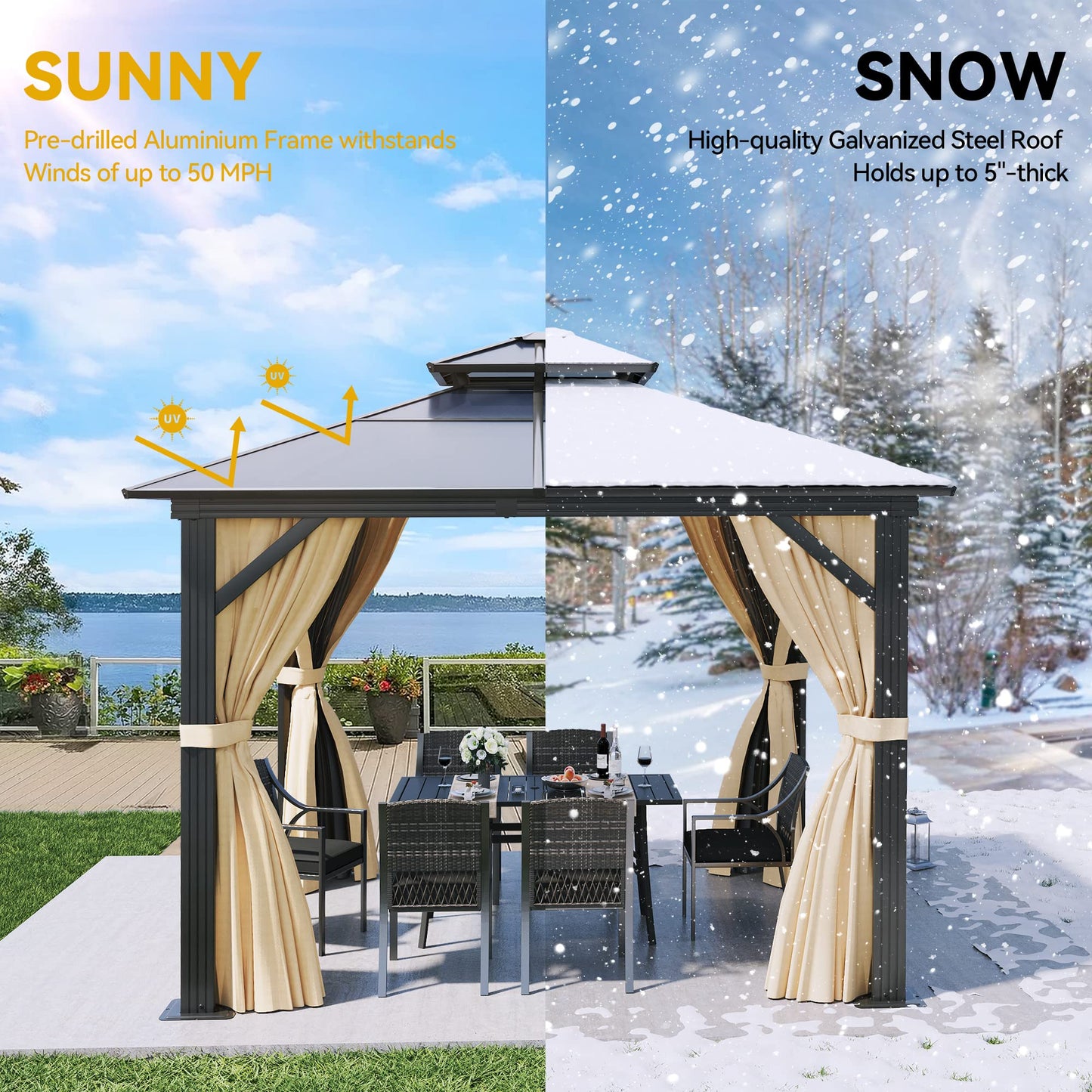 DWVO 10x10ft Hardtop Gazebo Double Roof Polycarbonate Canopy Outdoor with Netting and Shaded Curtains, Aluminum Frame Garden Tent for Patio, Backyard, Deck and Lawns