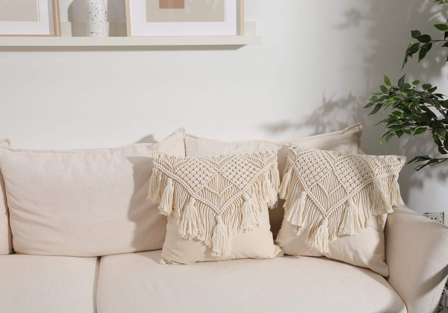 Macrame Throw Pillow Cushion Covers , Woven Boho Bed Sofa Couch Bench Car Home Decor, Comfy Square Pillow Cases with Tassels, Set of 2 Decorative Pillowcase (17X17 inch, Cream)