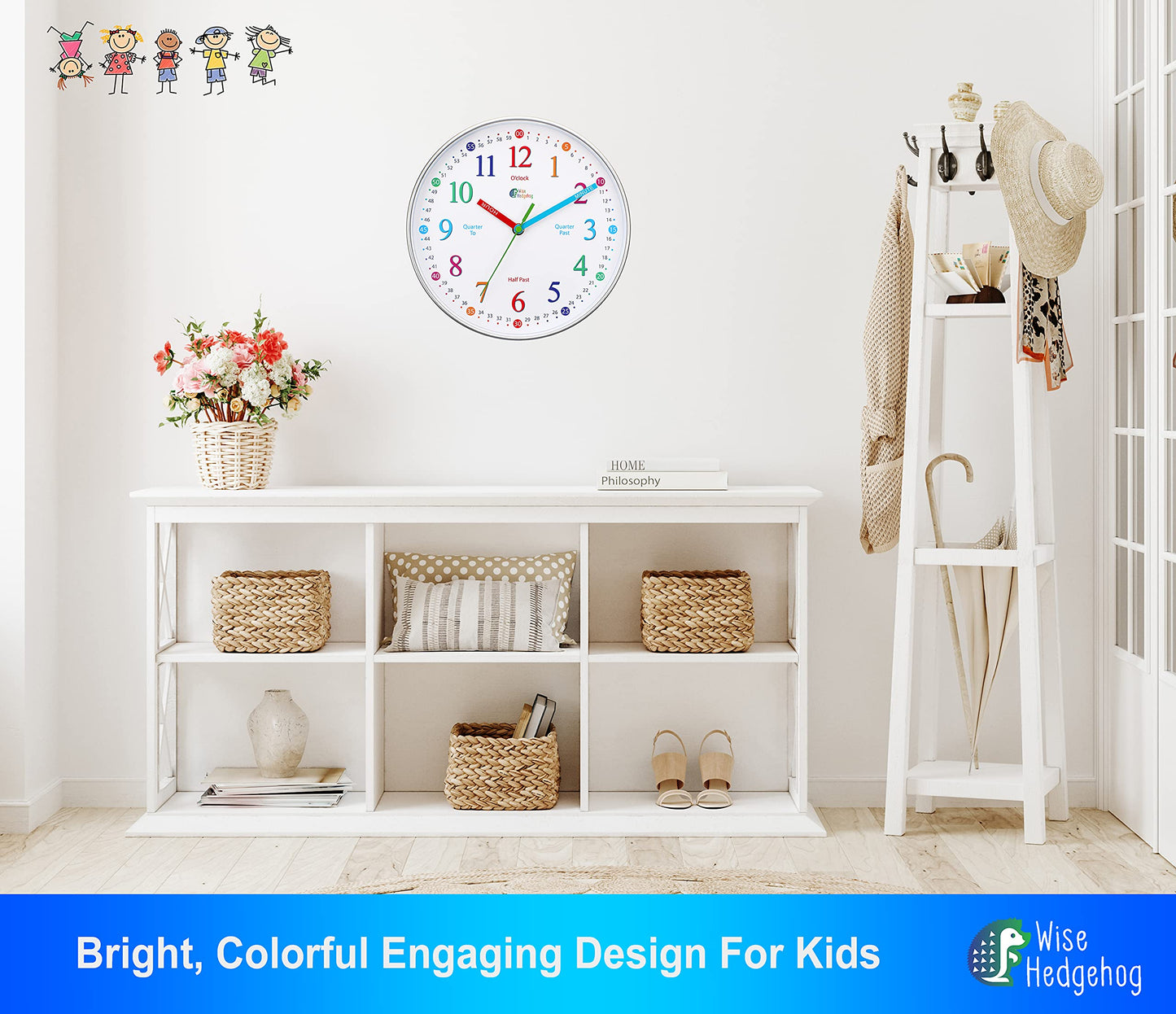 WISE HEDGEHOG Telling Time Teaching Clock, 10 inch Silent Non Ticking, Battery Operated, Analog Learning Clock for Kids, Perfect Wall & Kids Room Decor & School Classrooms