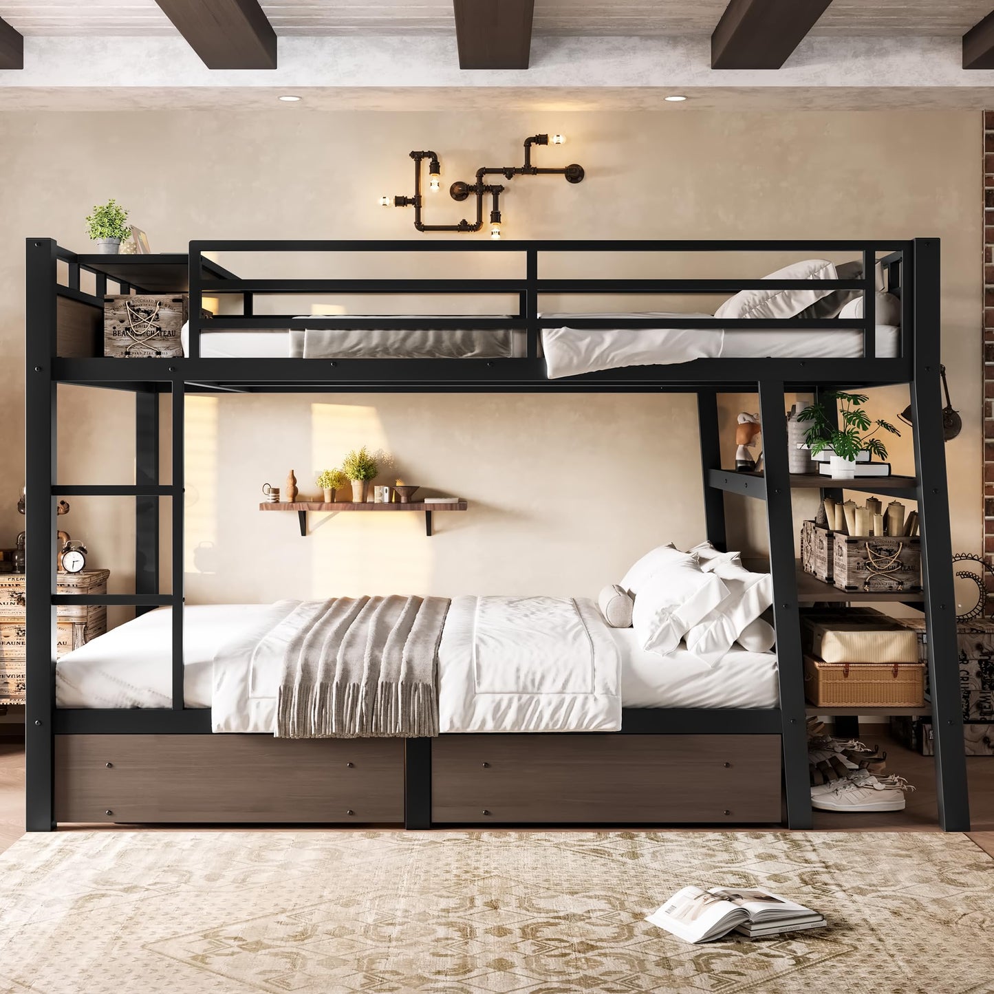 Bellemave Full Size Bunk Bed with Storage Drawers and 3-Tier Shelves, Full Bunk Bed with Charging Station and Lights, Heavy Duty Metal Bunk Beds for Teen, Adults