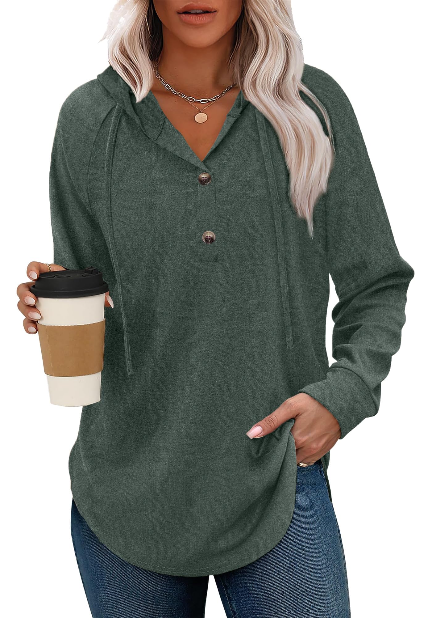Hoodies for Women Long Sleeve Shirts Fall Fashion V Neck Sweatshirts with Buttons Casual Trendy Pullover Tops Dark Green