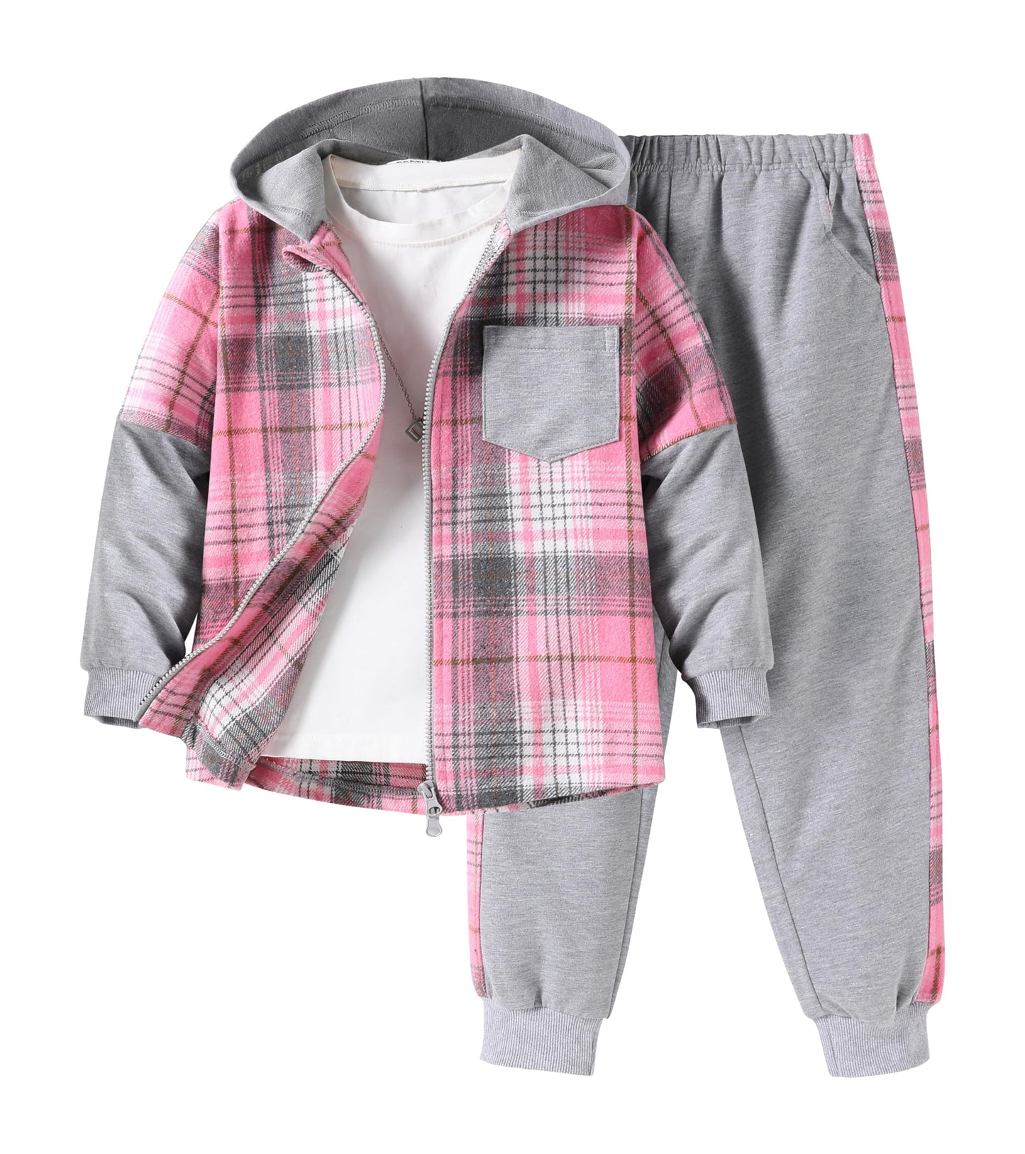 EDFTM Girls Sweatsuit Set Zip Up Cute Plaid Flannel Hoodie and Jogger Pants for Kids Fall Winter Spring Outfits Gray 5-6 Years