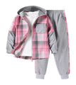 EDFTM Girls Sweatsuit Set Zip Up Cute Plaid Flannel Hoodie and Jogger Pants for Kids Fall Winter Spring Outfits Gray 5-6 Years