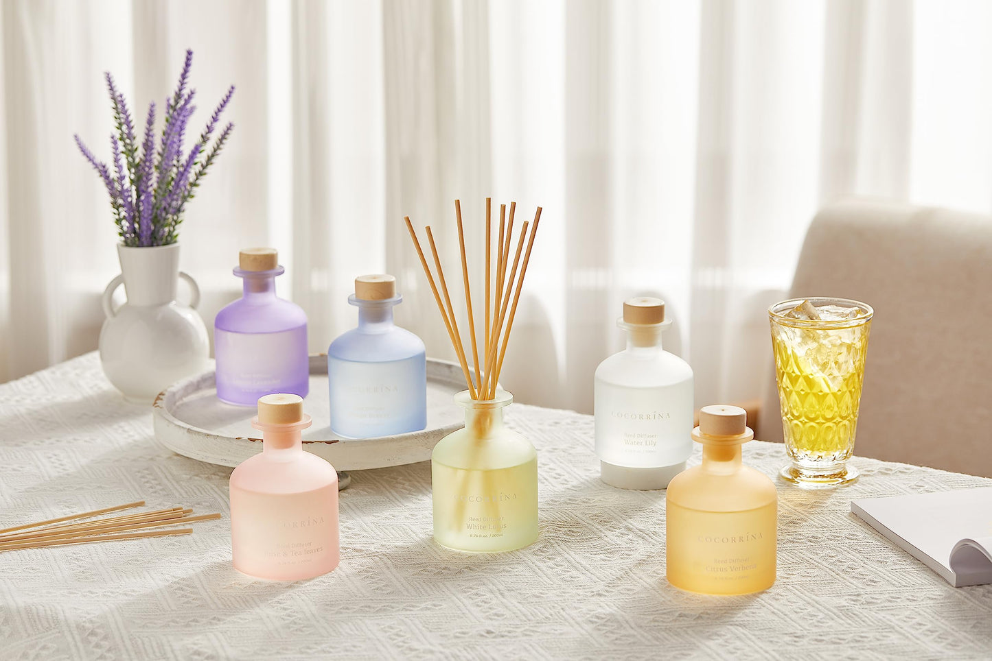 Cocorrína Reed Diffuser - Water Lily 6.76oz Diffuser with Sticks Home Fragrance Essential Oil Reed Diffuser for Home Bedroom Bathroom Shelf Decor Office Decor (Summer Collection)