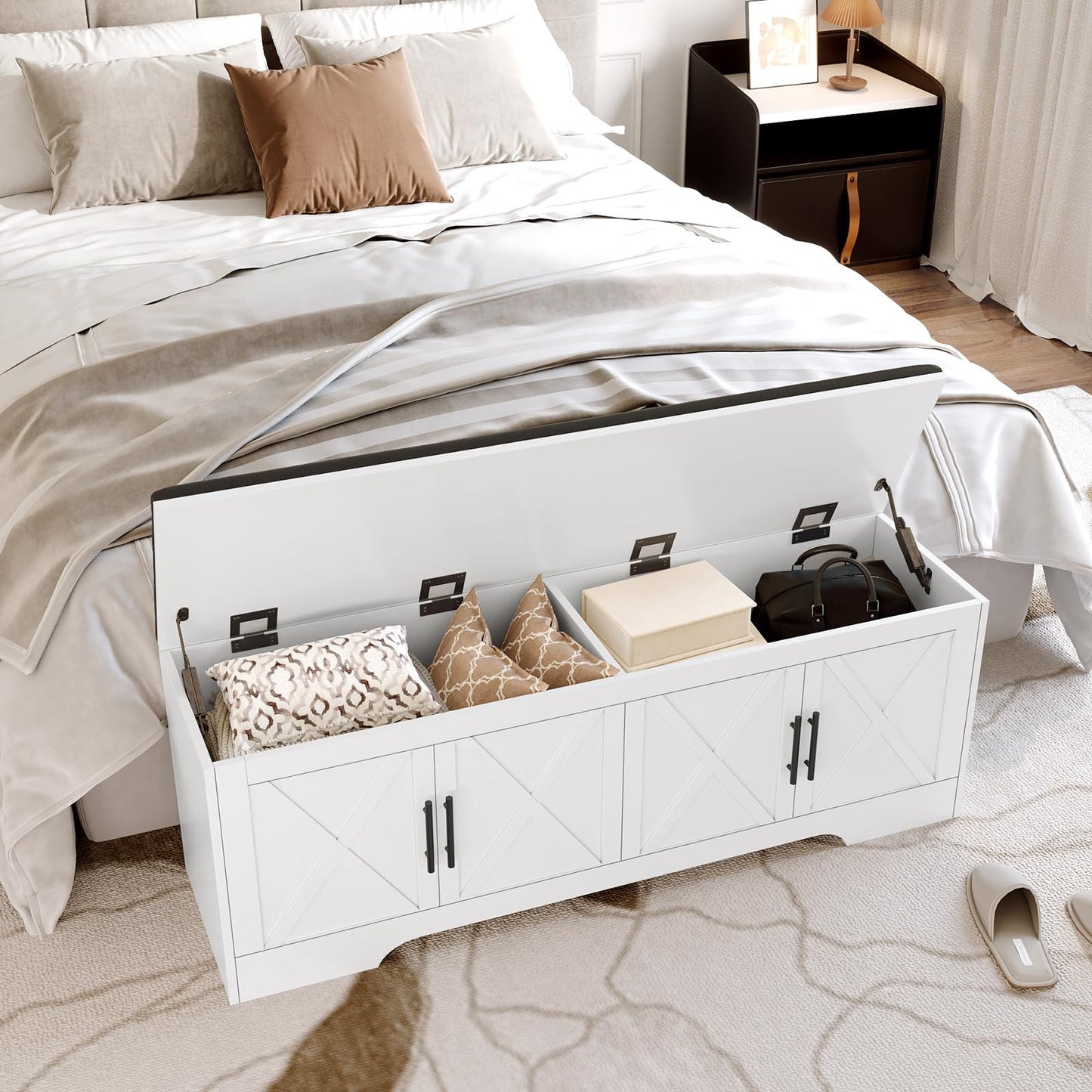 DreamDashio Farmhouse Storage Bench with Lift Top Storage, 47.2" Entryway Bench with Cushioned Seat, End of Bed Bench, Wooden Storage Chest Trunks, for Entryway, Bedroom, Living Room,White