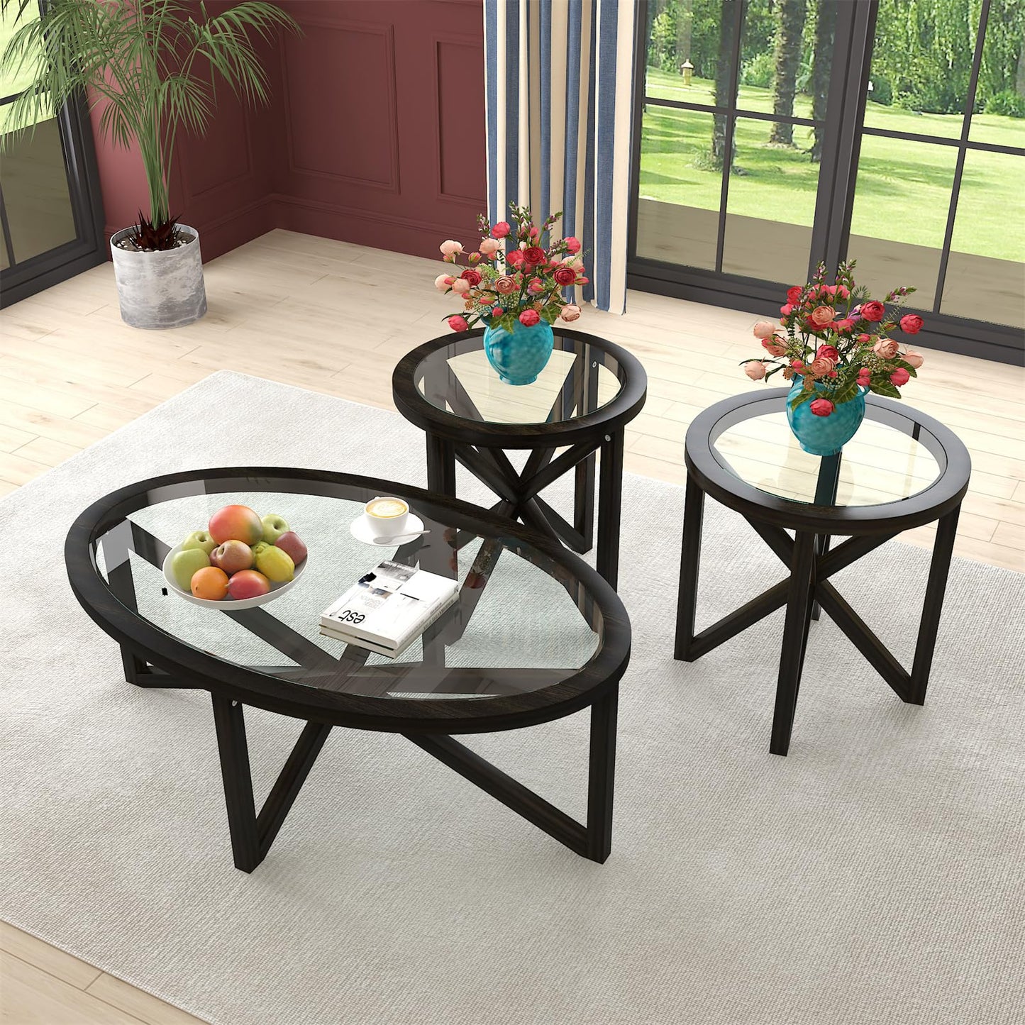 LKTART 3 Pcs Coffee Table Set Oval 46'' Tempered Glass Top Solid Wood Legs Coffee Table Round 2 End Table for Living Room Office (Black)