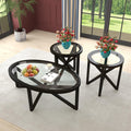 LKTART 3 Pcs Coffee Table Set Oval 46'' Tempered Glass Top Solid Wood Legs Coffee Table Round 2 End Table for Living Room Office (Black)
