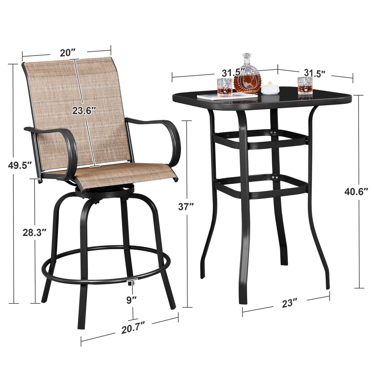 Yaheetech 3Pcs Outdoor Patio Bar Stools Set, Swivel Bistro Chairs with High Back and Armrest and 40.5" Height Metal Square Table All Weather Furniture Set for Cafes Yard Lawn and Garden