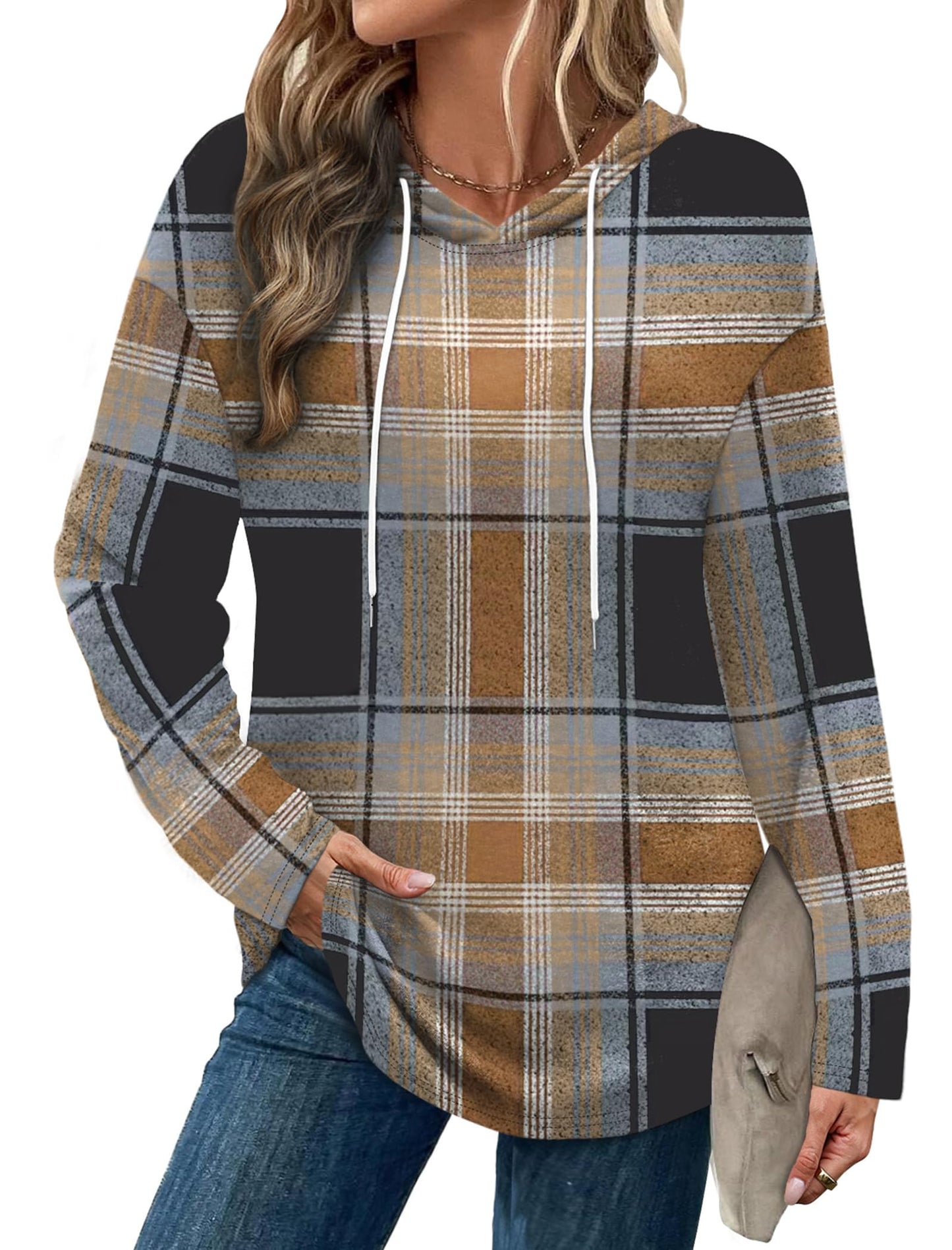 Chocolate Brown Fall Clothes for Women 2025 Winter Clothing Long Sleeve Tunic Tops Soft Hoodies Pullover Oversized Sweatshirts Plaid L
