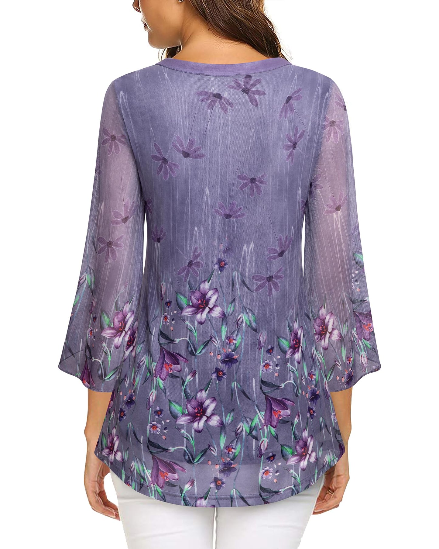 VALOLIA Bell Sleeve Tops for Women, Ladies Ruffle 3/4 Sleeve V Neck Tops and Blouses for Work Office Plus Size A-Line Swing Loose Fit Casual Lightweight Layered Tunics Shirt for Fall Purple Medium