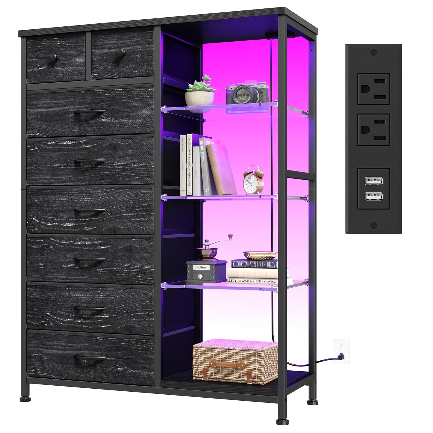 EnHomee 54" H Dresser for Bedroom with LED Lights & Power Outlets Dresser with 8 Drawers Fabric Dressers & Chests of Drawers for Bedroom, Sturdy Metal Frame, Acrylic Plates (Charcoal Black)