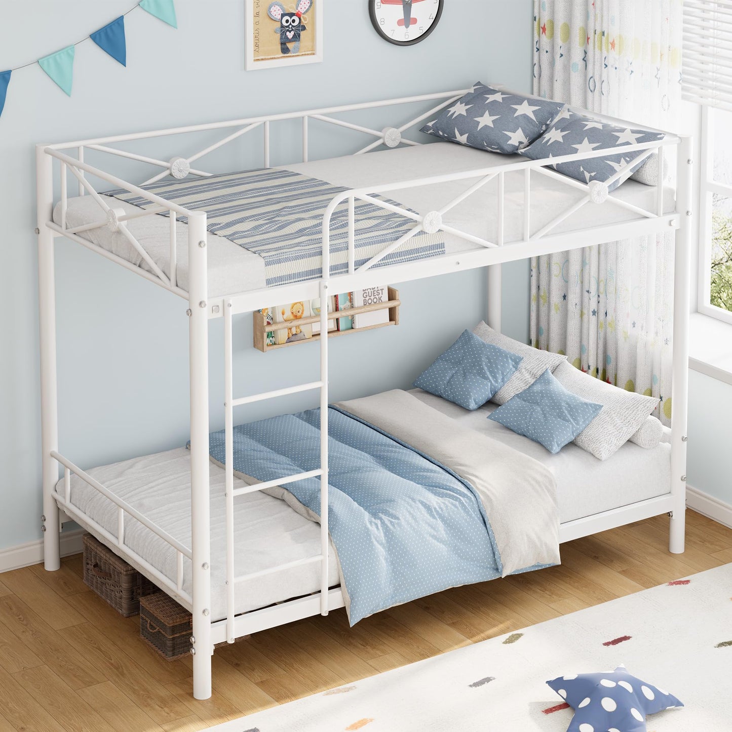 IDEALHOUSE Metal Bunk Bed Twin Over Twin, Modern Heavy Duty Bunkbeds with Safety Guard Rails & Space-Saving Design, Steel Twin Bunk Beds for School, Bedroom, White
