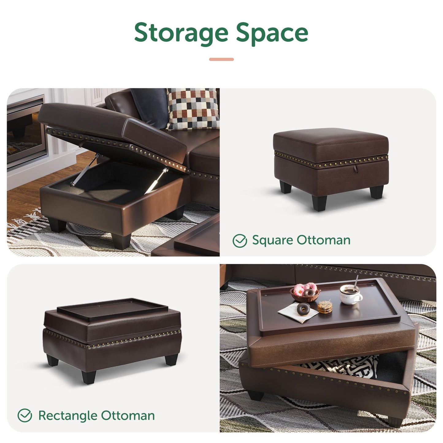 HONBAY Brown Leather Sectional Sofa with Ottoman - Easy Assembly, Storage Space
