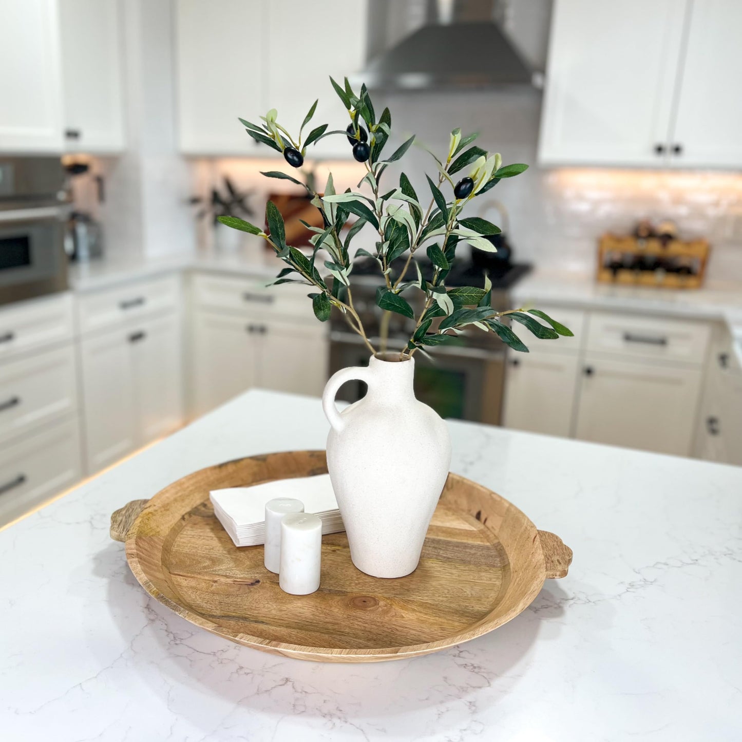 Laurel and Vine Matte Textured 10 Inch Tall White Vase Including 22 Inch Olive Branches for Vases, Medium Artificial Topiaries Fake Plants, Minimalist Shelf Decor, Neutral Home Office Desk Room Decor