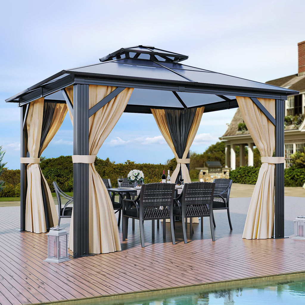 DWVO 10x10ft Hardtop Gazebo Double Roof Polycarbonate Canopy Outdoor with Netting and Shaded Curtains, Aluminum Frame Garden Tent for Patio, Backyard, Deck and Lawns