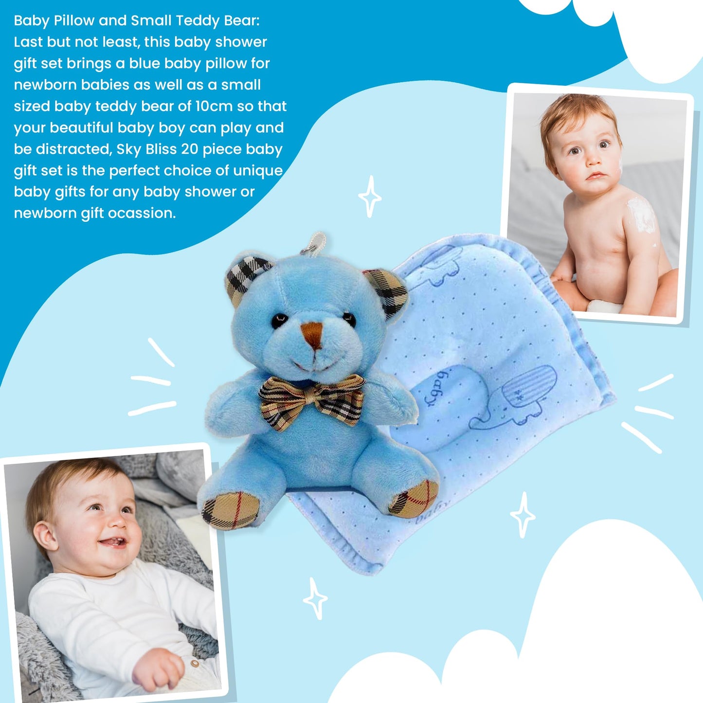 Sky Bliss 20 Piece Baby Gift Set (Blue), Newborn Baby Gift Set, Baby Clothes, Teddy Bear, Pacifier, Baby Grooming kit, Gifts for a New Baby Boy, Baby Boy Newborn Essentials