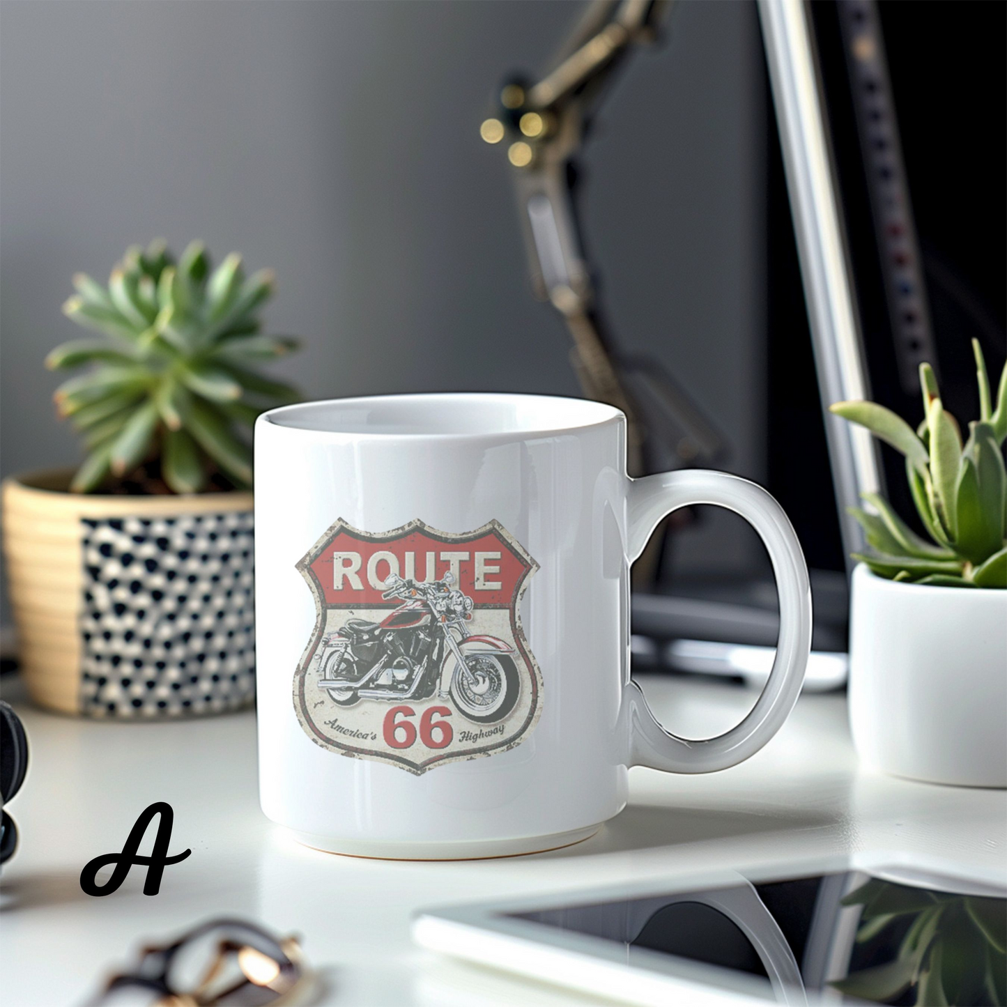 Motorcycle Enthusiast Gift, Route 66 Ceramic Coffee Mug, Americana Road Trip Decor, Personalized Mug for Bikers, Highway Travel Souvenir