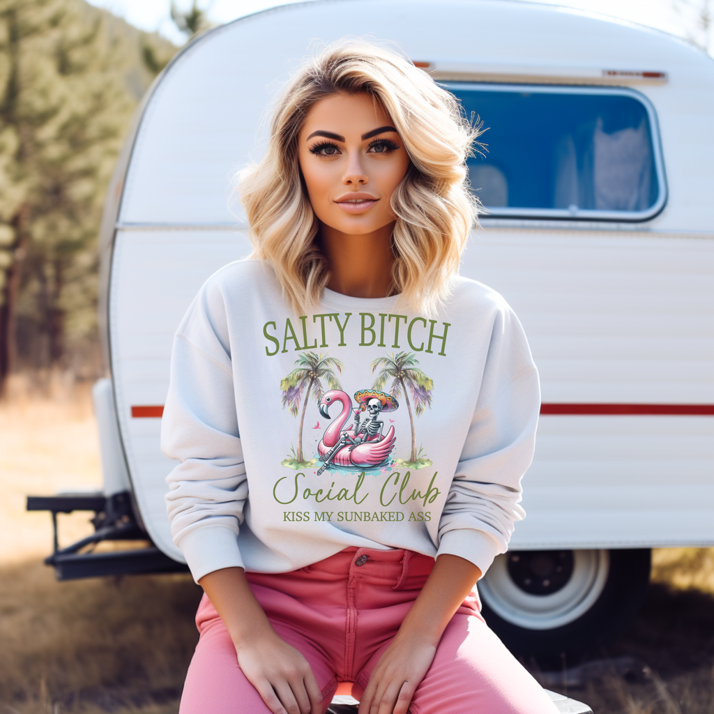 Salty **** Social Club Women’s Graphic Sweatshirt – Flamingo Palm Tree Beach Crewneck
