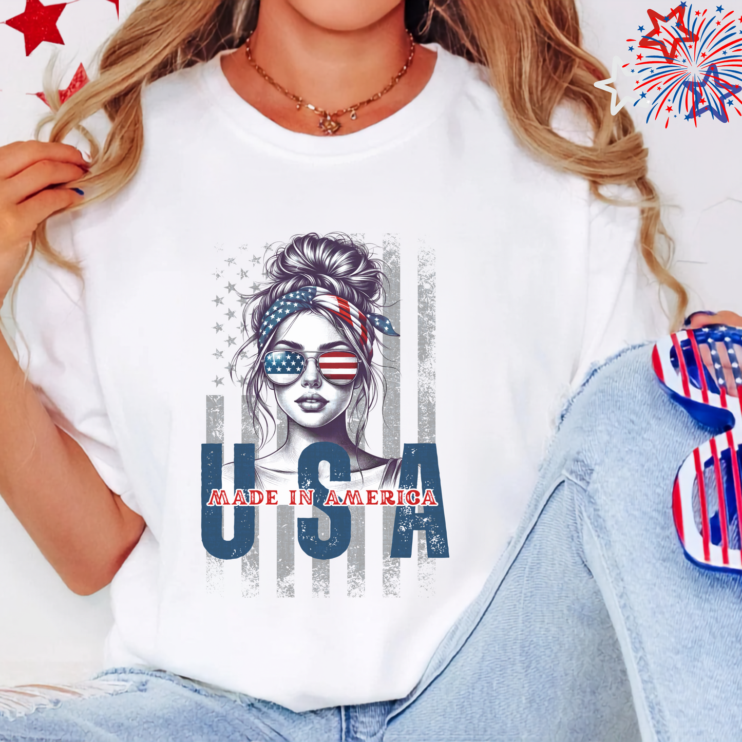 Vintage USA Patriotic T-Shirt, Graphic Tee Women, American Flag Design, Handmade Cotton Top, 4th of July Outfit, Summer Custom Tee