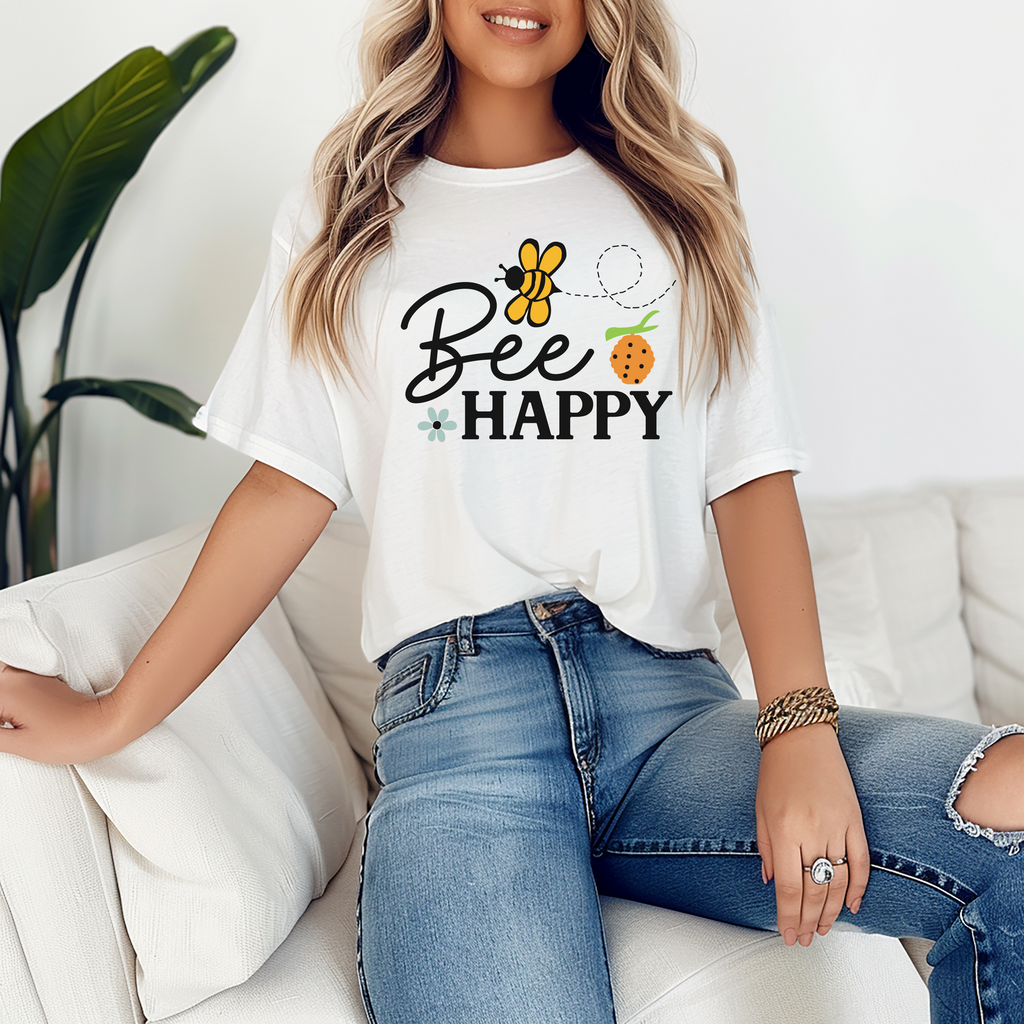 Bee Happy Graphic Tee, Inspirational T-Shirt, Cute Bee Design, Positive Vibes Shirt, Casual Summer Top, Gift for Her, Fun Ladybug Print
