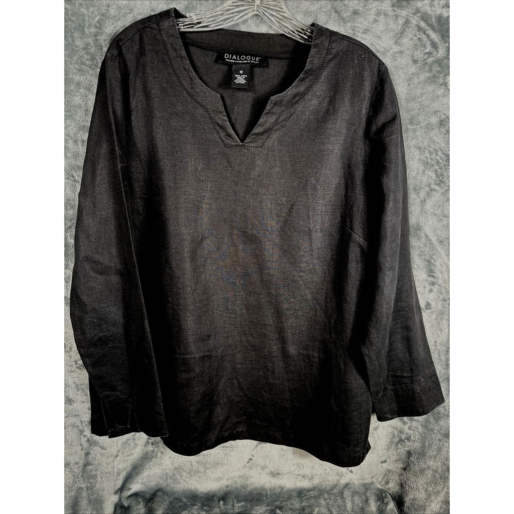 Dialogue Women’s 100% Linen Black V-Neck Long Sleeve Blouse Size 10